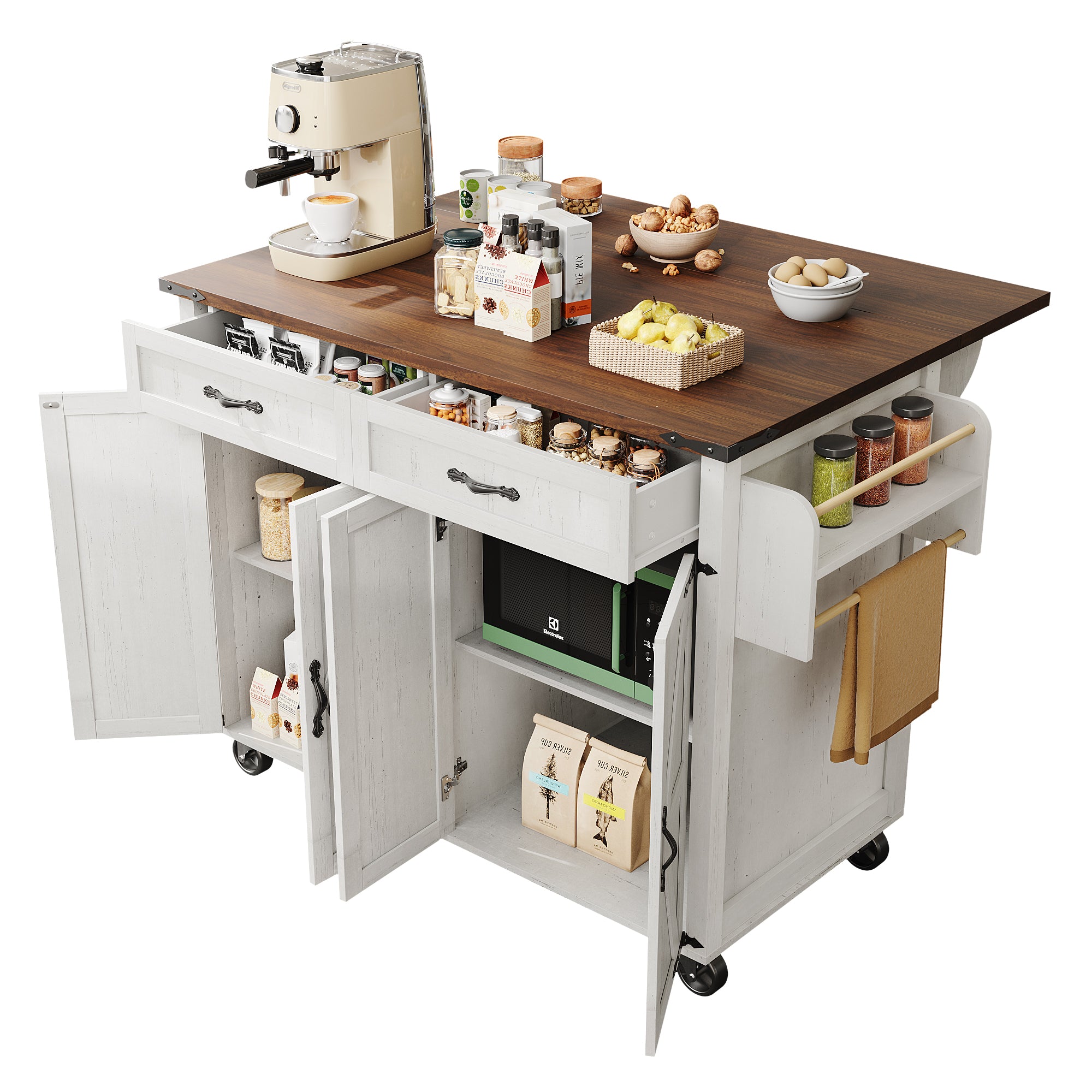 Farmhouse Style Rolling Kitchen Island Storage Trolley with Large Cabinet, 2 Drawers, Adjustable Shelf, Spice&Towel Rack, Dining Room Organiser Sideboard Cupboard Cabinet Cart, White