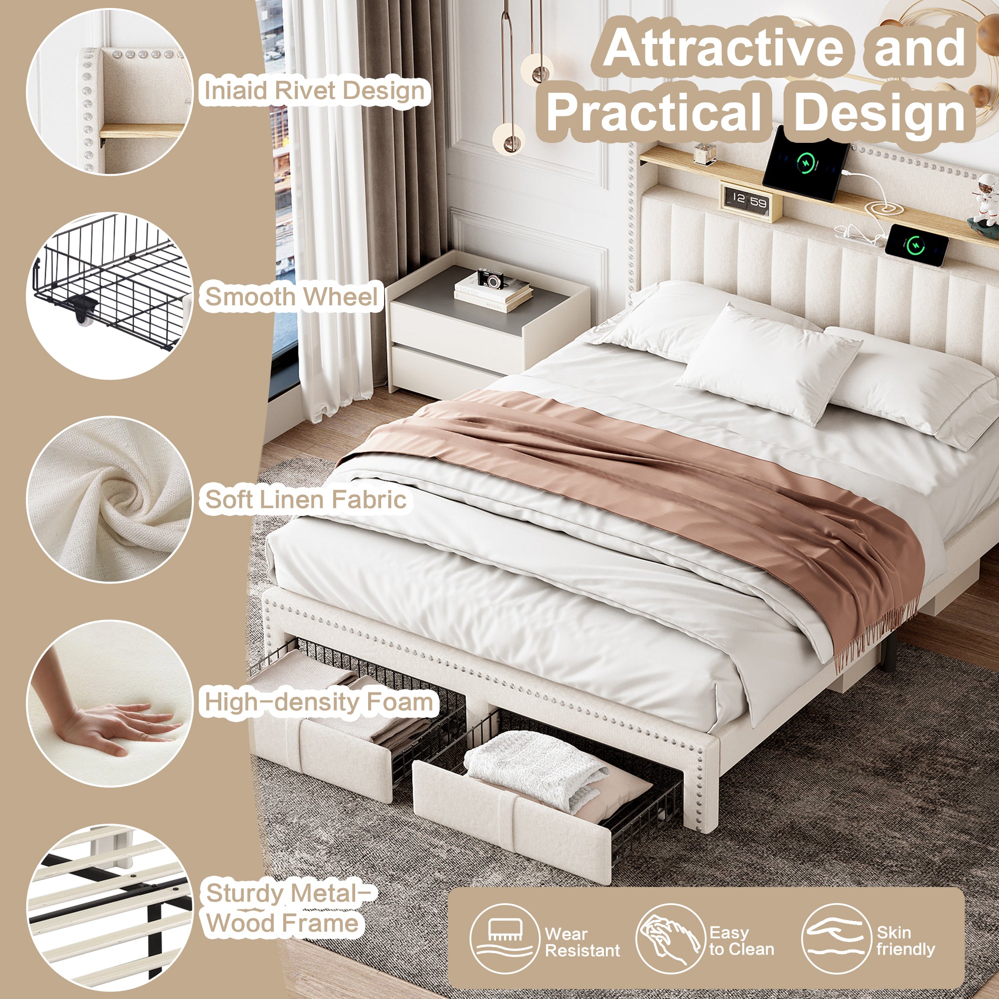 4ft6 Double Upholstered Bed with 2 Storage Drawers, Riveted Storage Bed with Charging and Lighting, Linen Platform Bed Frame No Box Spring Needed, Easy Assembly, Beige (No Mattress)