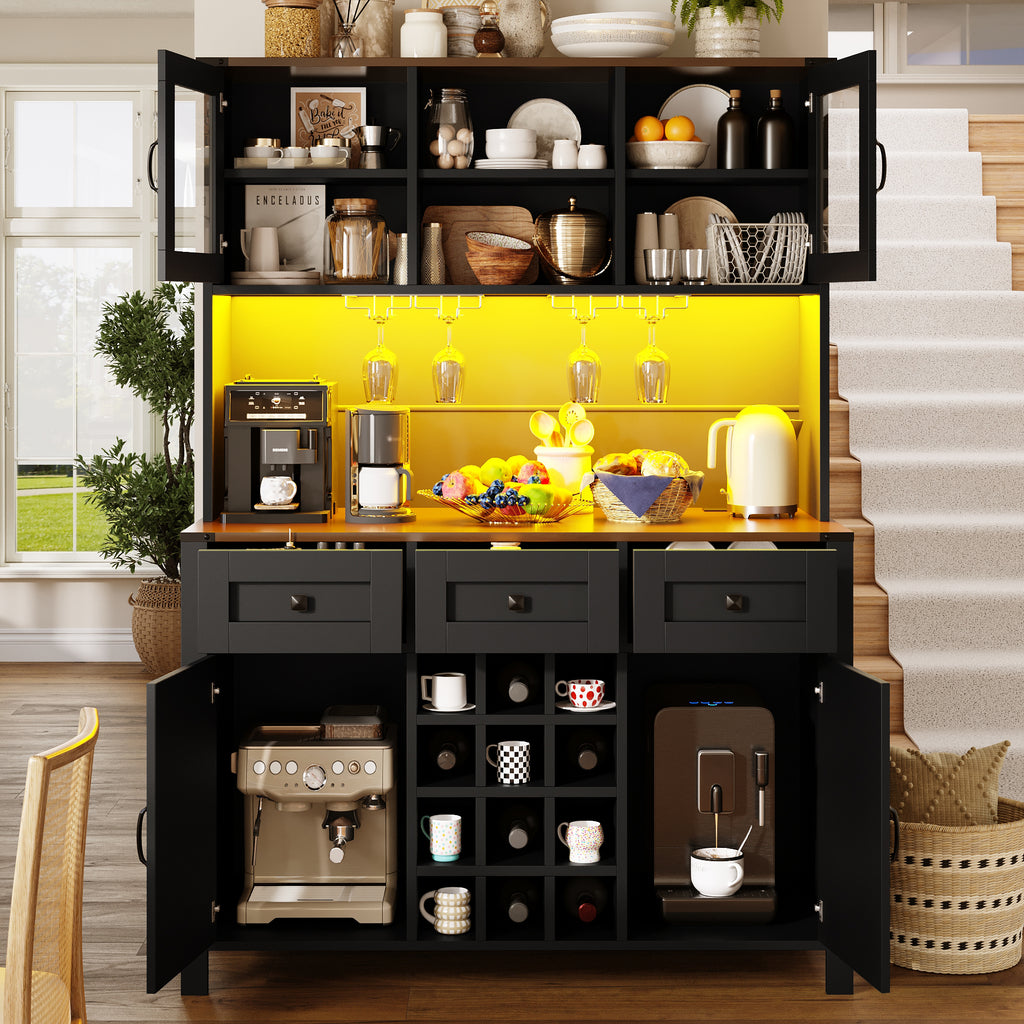 Tall Kitchen Cabinet with 4 Doors & 3 Drawers, USB Ports & Power Outlets, LED Light Strip, Modern Storage Sideboard, Side Cabinet for Kitchen & Living Room, 120 x 40 x 170 cm, Black