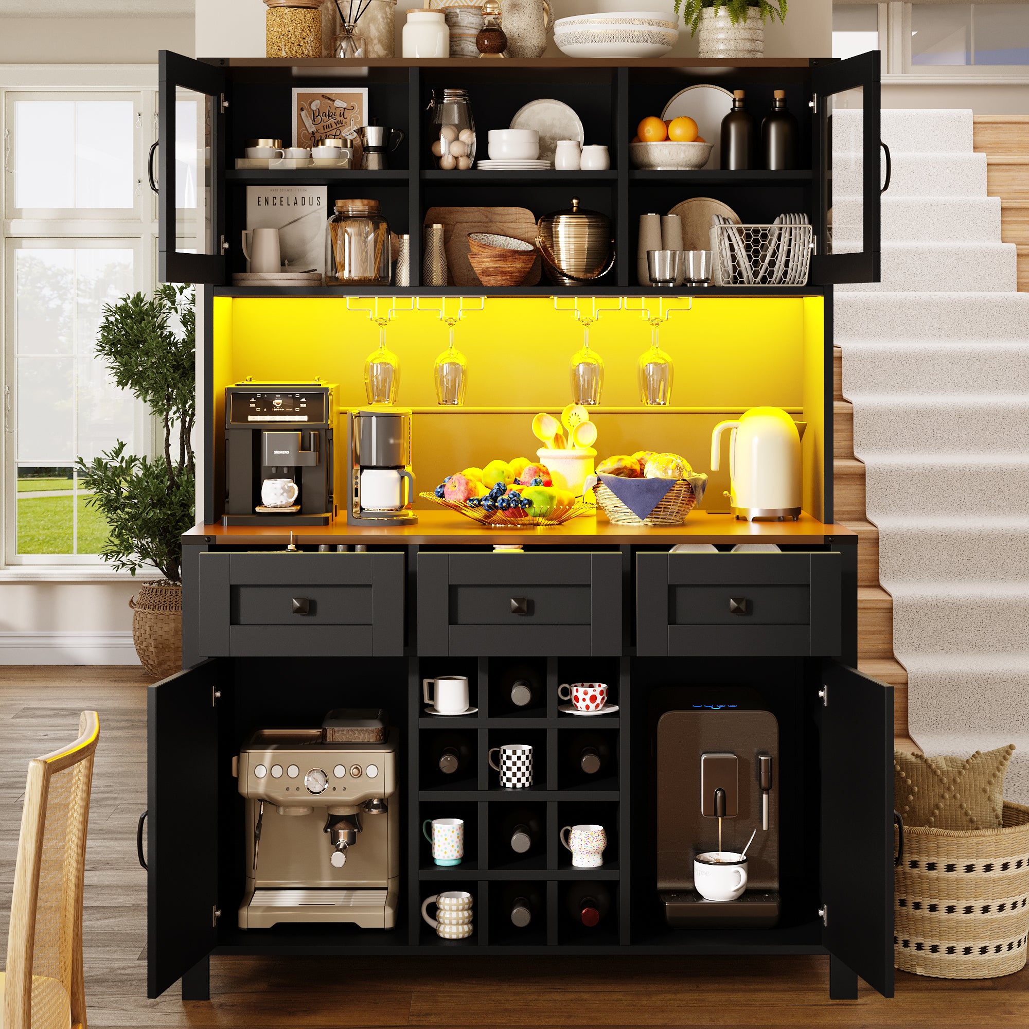 Tall Kitchen Cabinet with 4 Doors & 3 Drawers, USB Ports & Power Outlets, LED Light Strip, Modern Storage Sideboard, Side Cabinet for Kitchen & Living Room, 120 x 40 x 170 cm, Black