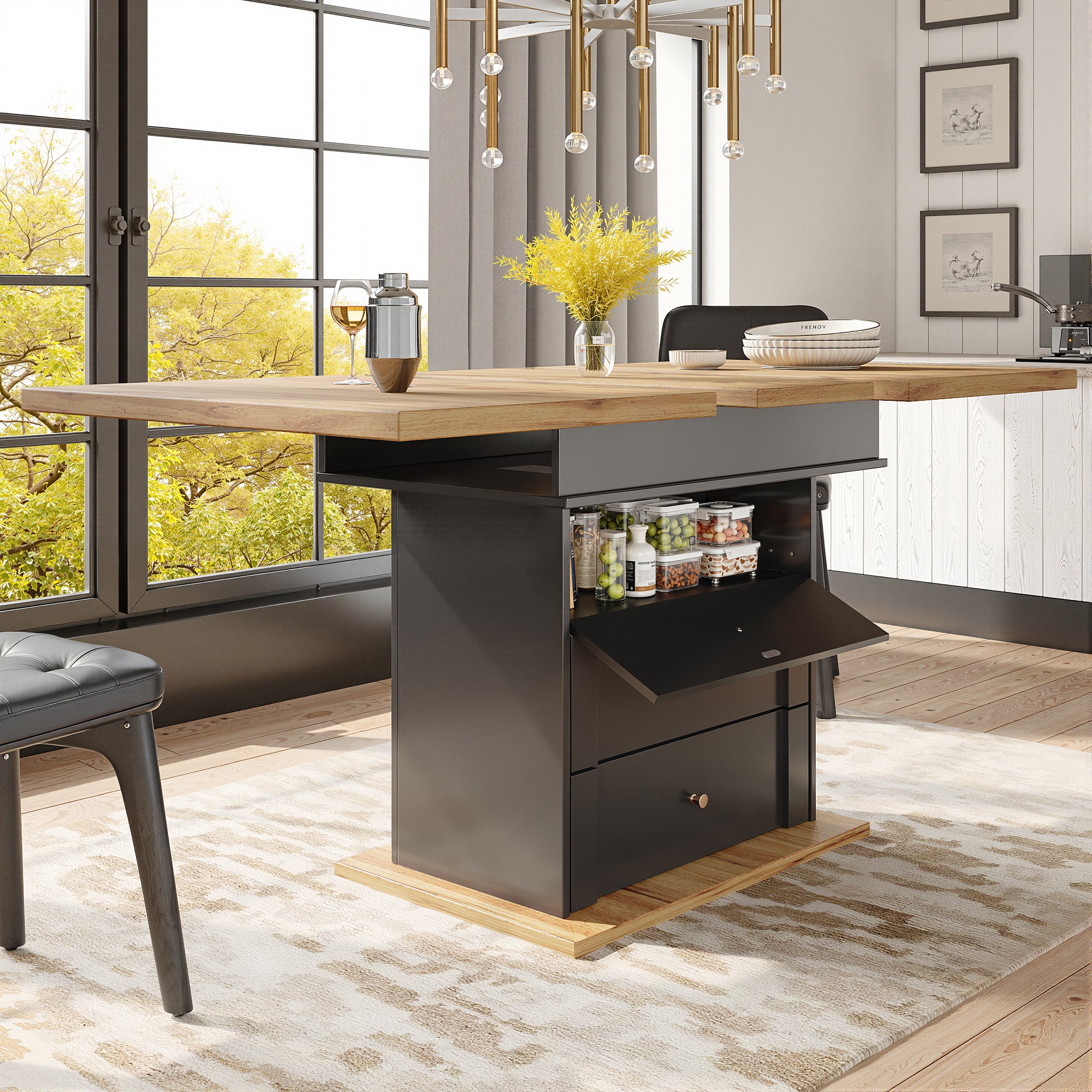 Telescopic dining table (110-140×80 cm), foldable kitchen table for 4-6 people, extendable dining table, space-saving kitchen table, for kitchen and living room, minimalist cabinet door design, black