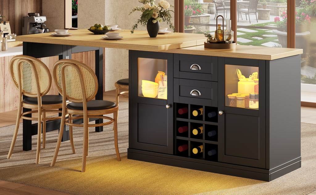 Extendable Sideboard with LED Lights, 120-197cm Adjustable Dining Table with Storage, 2 Drawers & Glass Cabinet doors, White/Black