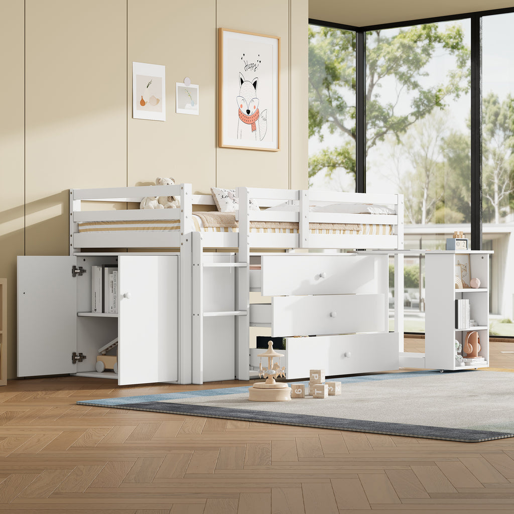 3ft Single Modern Wood Bed with Pull-out Desk, Wooden Children's Cabin Bed with 3 Drawers, Storage Cabinet & Shelves, Flexible Two-way Installation, Space-saving Loft Bed, White (No Mattress)
