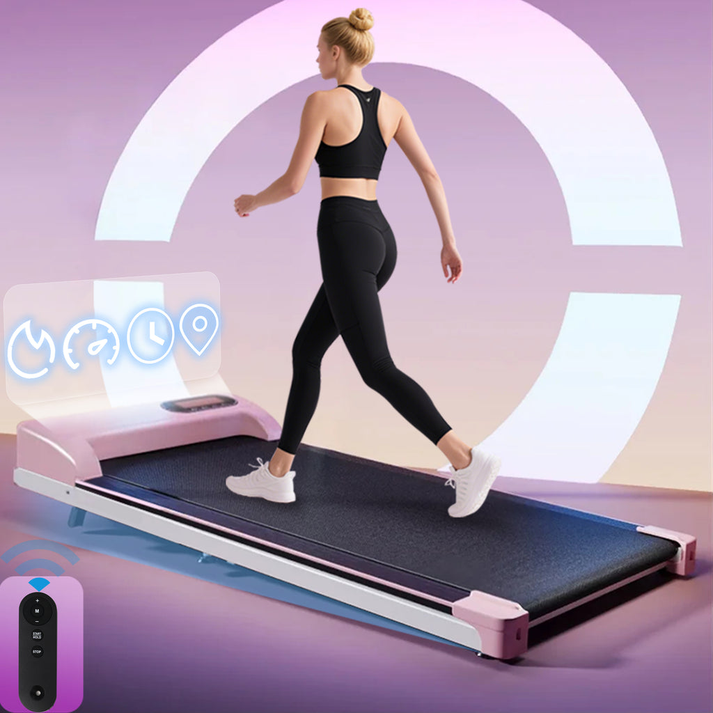 Folding Under Desk Walking Pad Treadmill with Adjustable Incline, 1-6 km/h Low Noise for Home & Office, LED Display, Magnetic Remote Control, Transport Wheels & Plug, Pink.