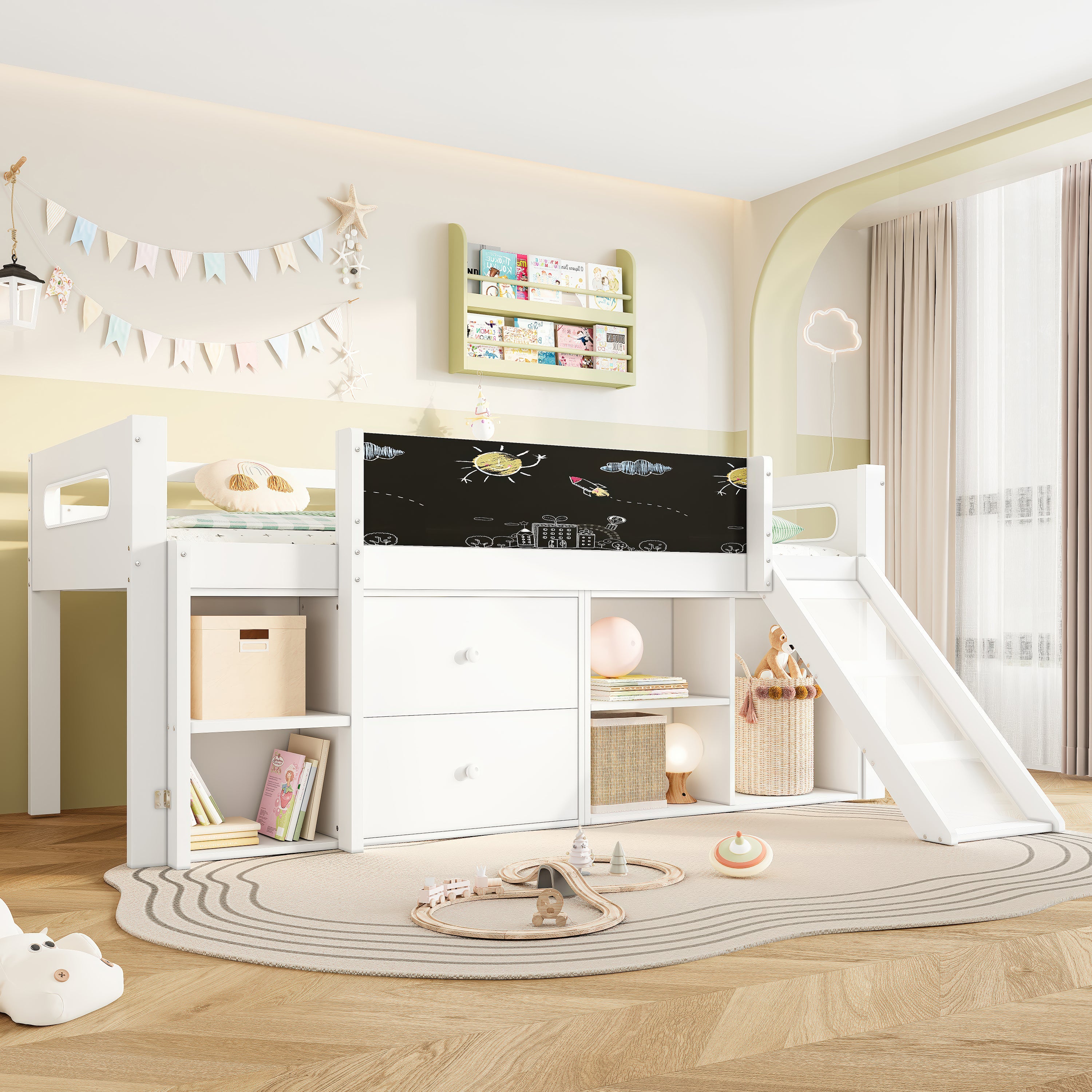3ft Single Modern Wood Bed with Slide & Blackboard, Wooden Children's Cabin Bed with 2 Drawers & Storage Shelves, Interchangeable Ladder, Space-Saving Loft Bed, White (No Mattress)