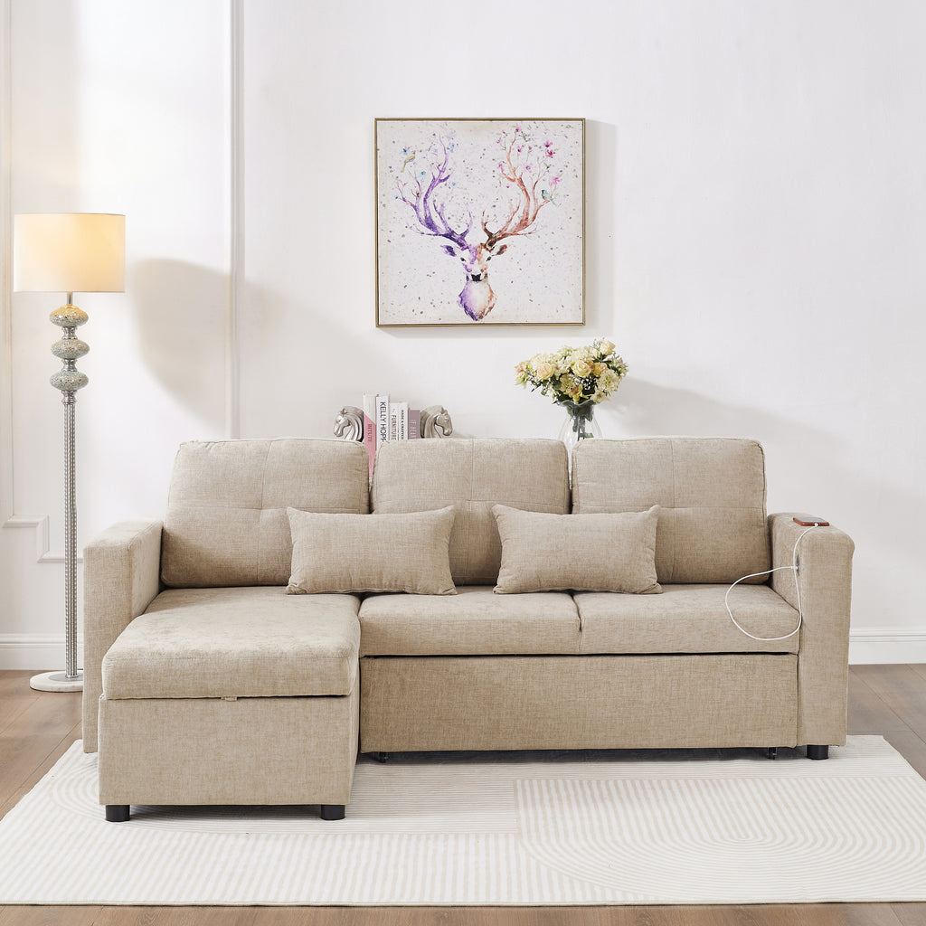 3-in-1 Convertible Chenille Sectional Sofa Bed with Reversible Storage Chaise, L-Shaped Sleeper Sofa with Integrated Charging Station and Adjustable Armrest Side Storage, USB & Type-C Ports, Beige