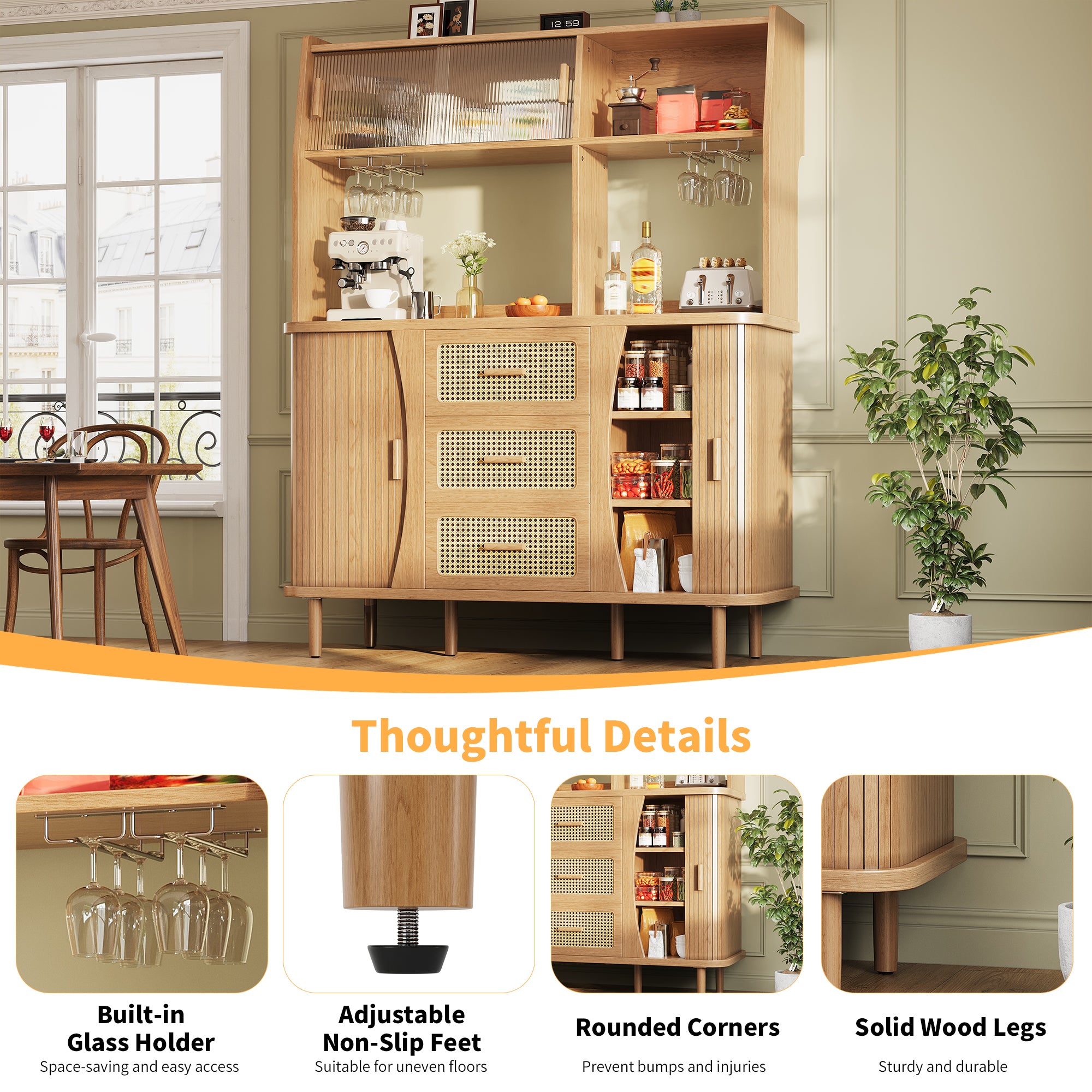 High-quality sideboard with rattan look and glass sliding doors, 174.5 cm high kitchen cabinet with storage space, natural wood/walnut look