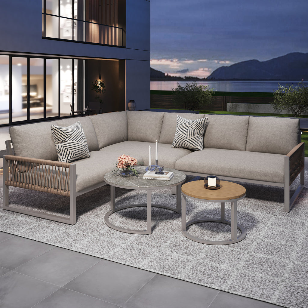 Outdoor garden lounge set, furniture set for 6-7 people, corner sofa with galvanized iron frame, adjustable legs, includes all seat and back cushions, beige