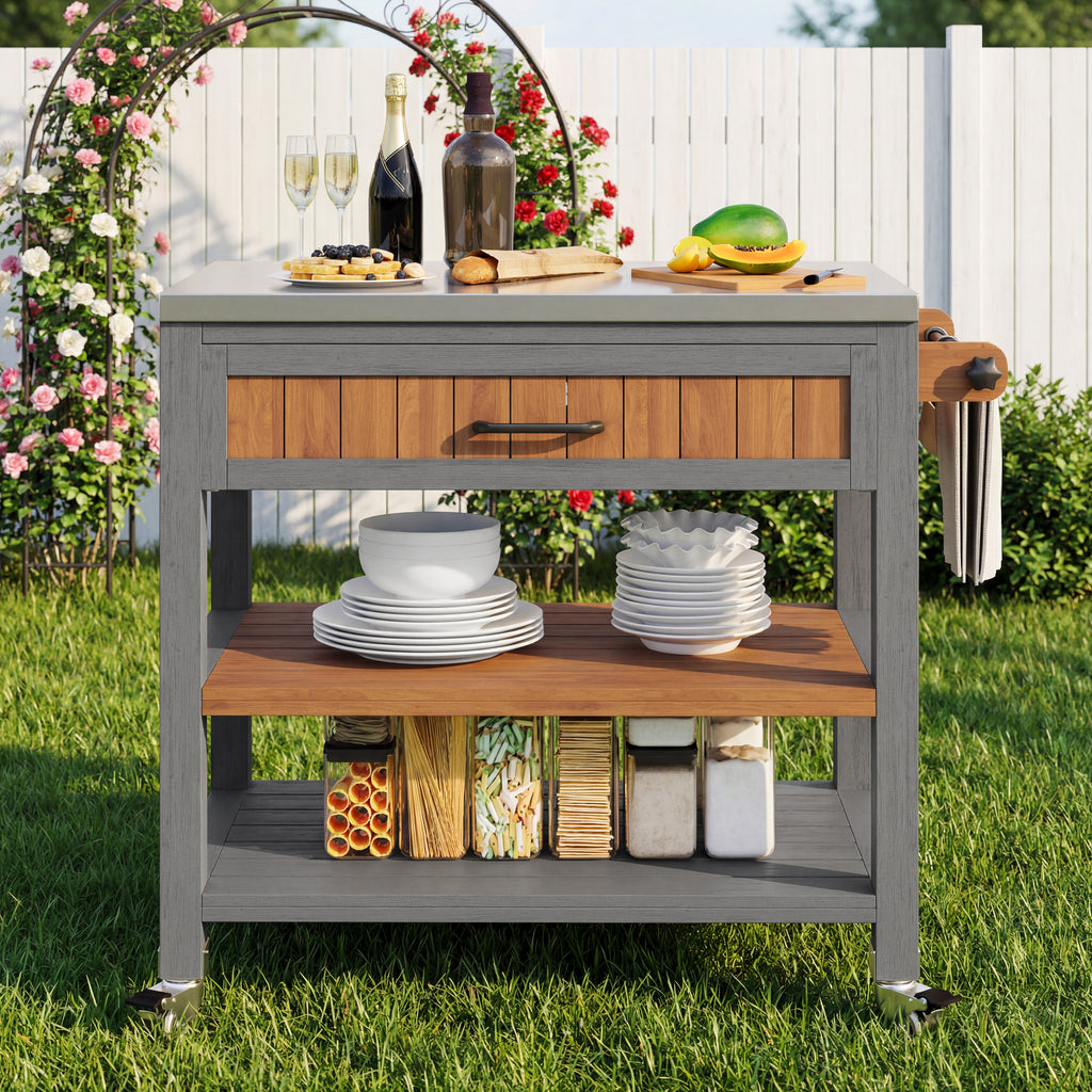 Garden cabinet with wheels and stainless steel worktop – Mobile tool cabinet with drawer and shelf, weatherproof sideboard with double shelf and towel rack, barbecue station for patio