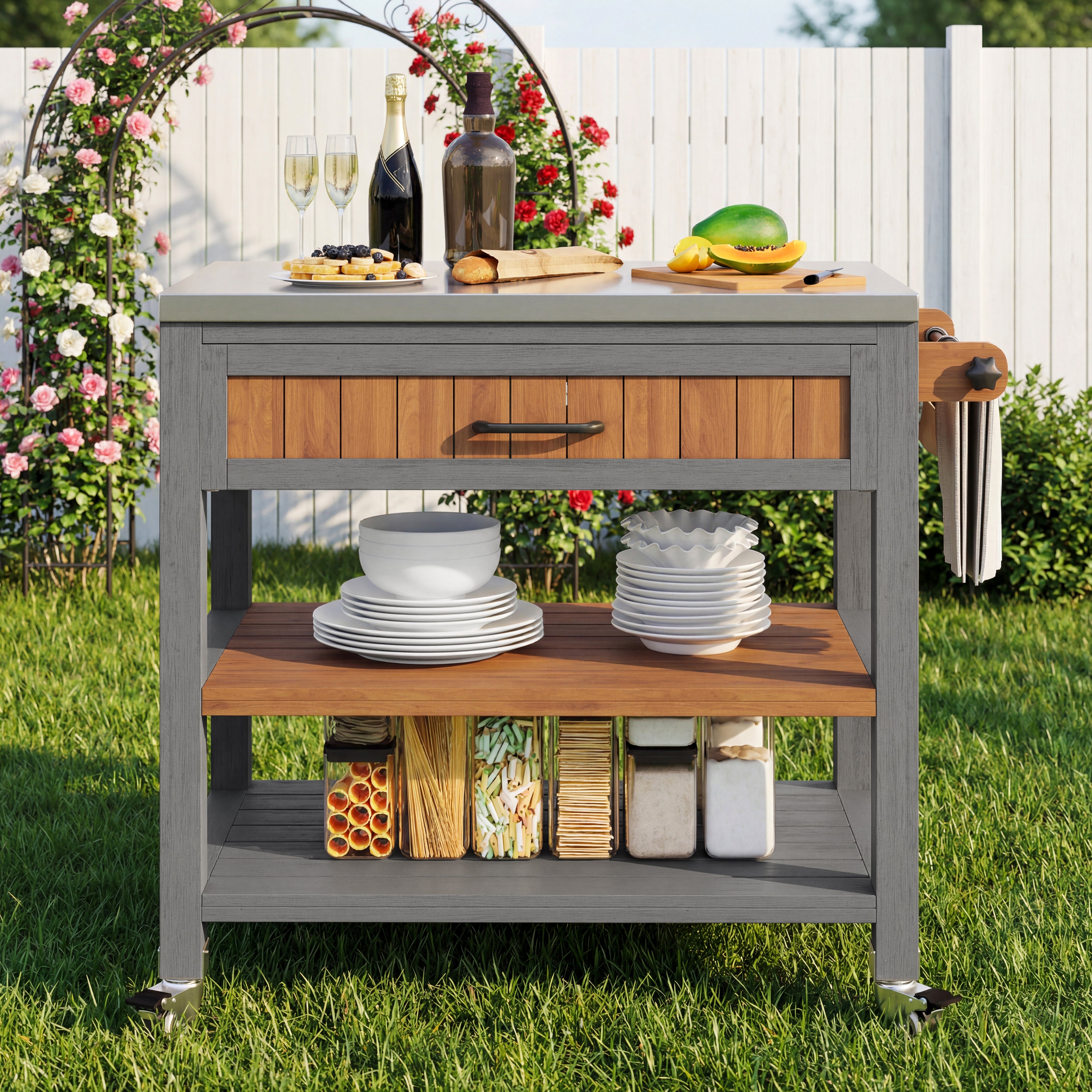 Garden cabinet with wheels and stainless steel worktop – Mobile tool cabinet with drawer and shelf, weatherproof sideboard with double shelf and towel rack, barbecue station for patio