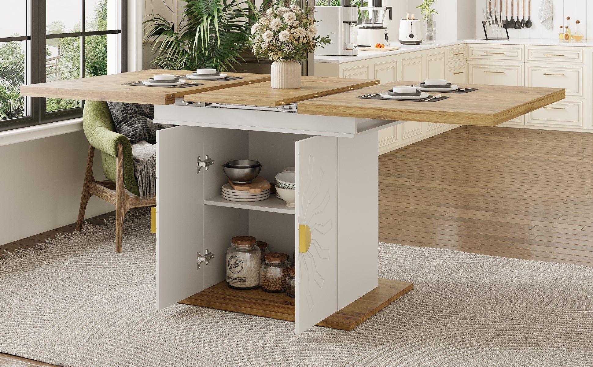 Dining Table, Table, Extension Table for Kitchen & Living Room, 110(140) x 70 x 76 cm, Wood Veneer with Sun-Relief, Generous Storage Space
