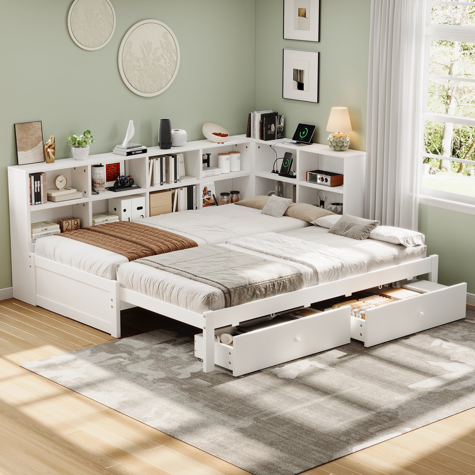 3ft Single Daybed with Two Storage Drawers and Beside Storage, Modern Pull-out Trundle Bed with Charging Station, Wood Bed for Living Room/ Bedroom/ Study Room, 90X190cm, White (No Mattress)