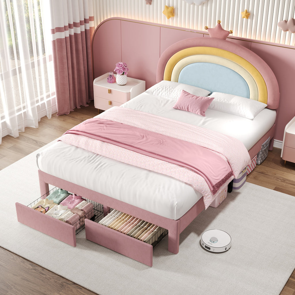 4ft6 Double Upholstered Bed with Adjustable Rainbow Headboard, Soft Velvet Bed Frame with Storage Drawer, Stylish Rainbow Headboard with Crown, No Box Spring Needed, Easy Assembly, Pink (No Mattress)