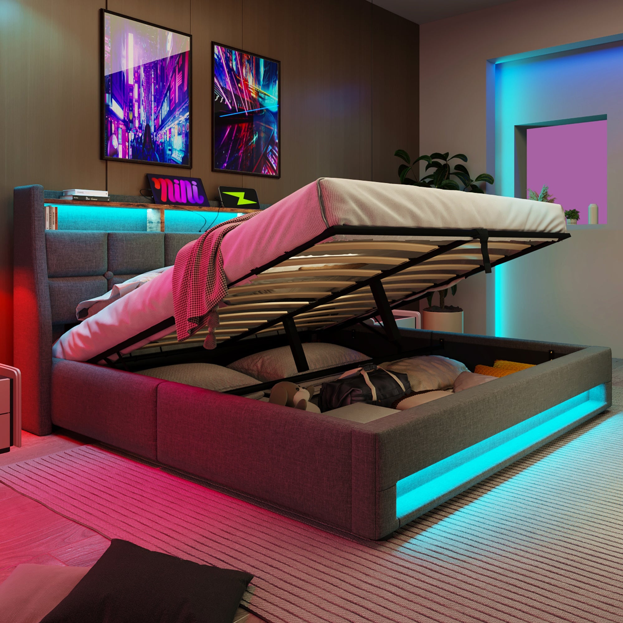 Upholstered Bed 180 x 200 cm with LED Lighting, USB Type-C Charging Function, Storage Headboard, 6FT Super King Size Storage Bed Frame with Metal Slatted Frame, Linen, Grey (No Mattress)