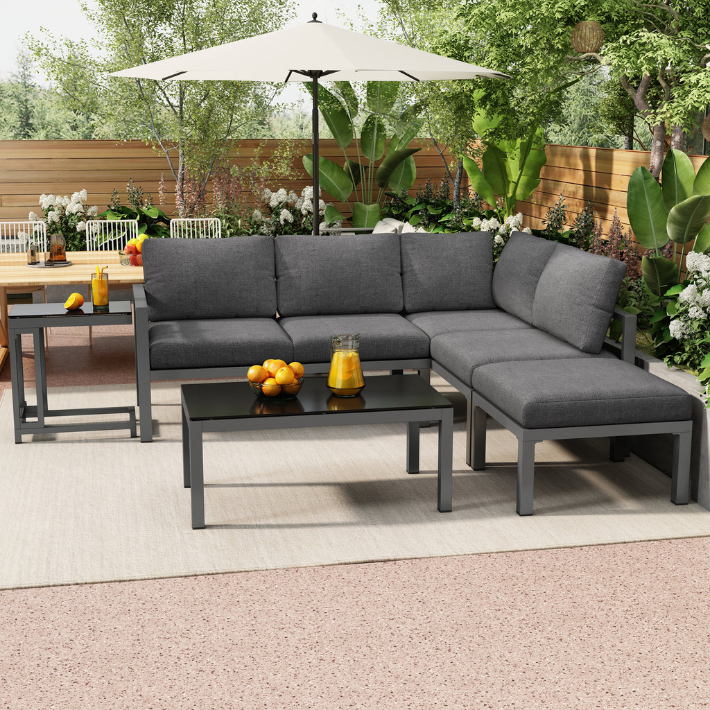 Outdoor garden terrace lounge sofa set, garden furniture for 4-5 people with side table and coffee table, corner sofa, all-weather lounge furniture, grey, all cushions included