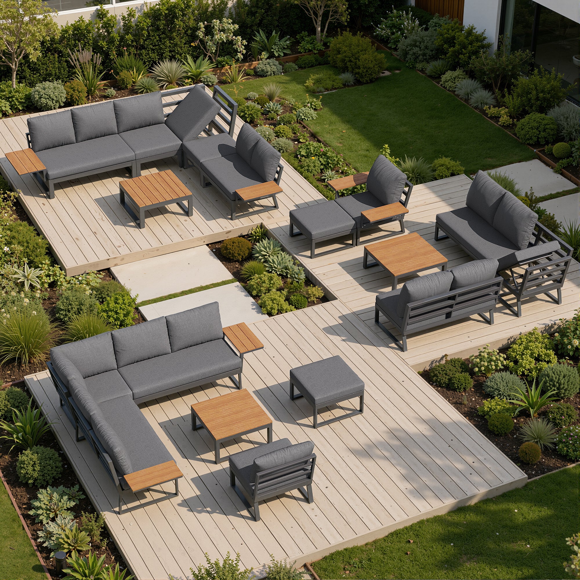 L-Shaped Garden Sofa Set with Wooden Armrests / Weather-Resistant Corner Suite & Daybed Made of Iron / Including Wooden Table, Armchair & Stool, 7-Person / With Cushions / Gray