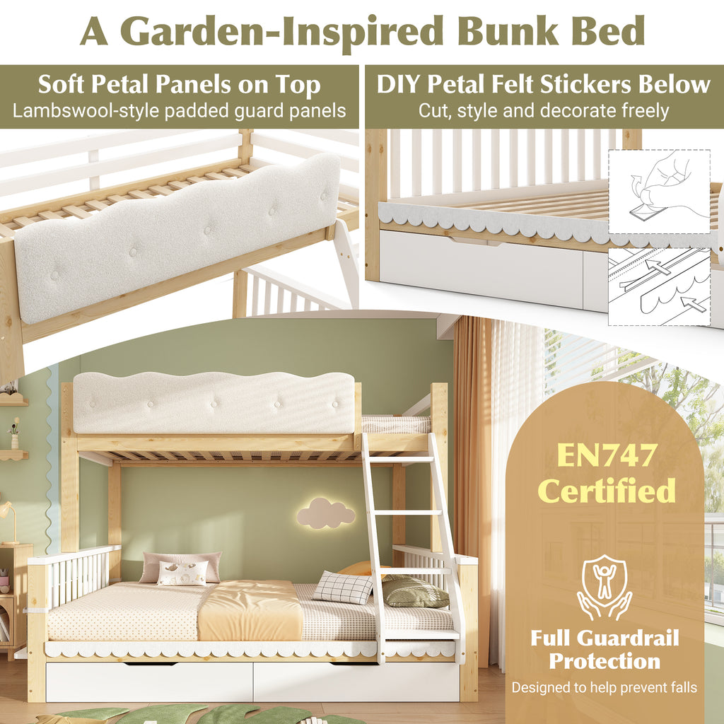 Bunk Beds for Kids, Children's Bunk Bed with Drawers and Side Bookshelf, Double Bunk Bed for Family with Multiple Children, (90+135) x 190 cm, Solid Wood, White & Nature