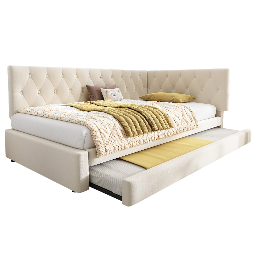 Upholstered Bed Daybed with Pull-Out Bed, 3FT Single Sofa Bed 90 x 190 cm, Ottoman Bed Trundle Beds for Adults and Kids, Bed with Slatted Frame, Velvet, Beige (No Mattress)
