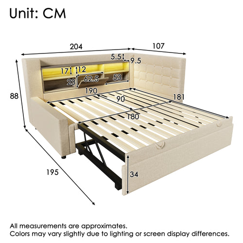 Daybed Upholstered Bed 90 x 190 cm, 3FT Single Sofa Bed with Storage, USB &Type C Charging Station, Pull out Trundle for Living Room and Bedroom, Linen, Beige (No Mattress)