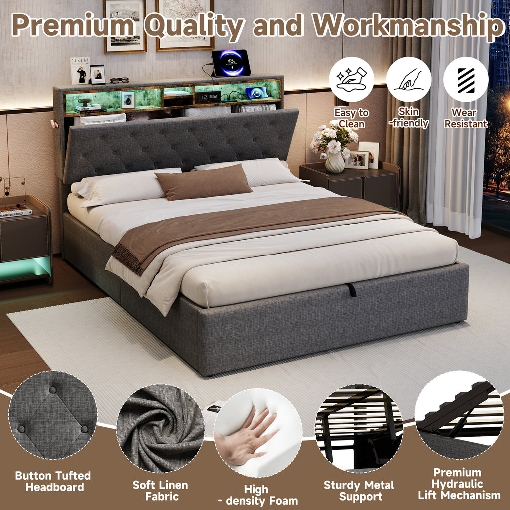 5ft King Upholstered Hydraulic Bed with Concealed Headboard Storage, Button Tufted Headboard with RGB LED Lighting and Charging Station, USB and Type - C Ports, Linen, Grey (No Mattress)