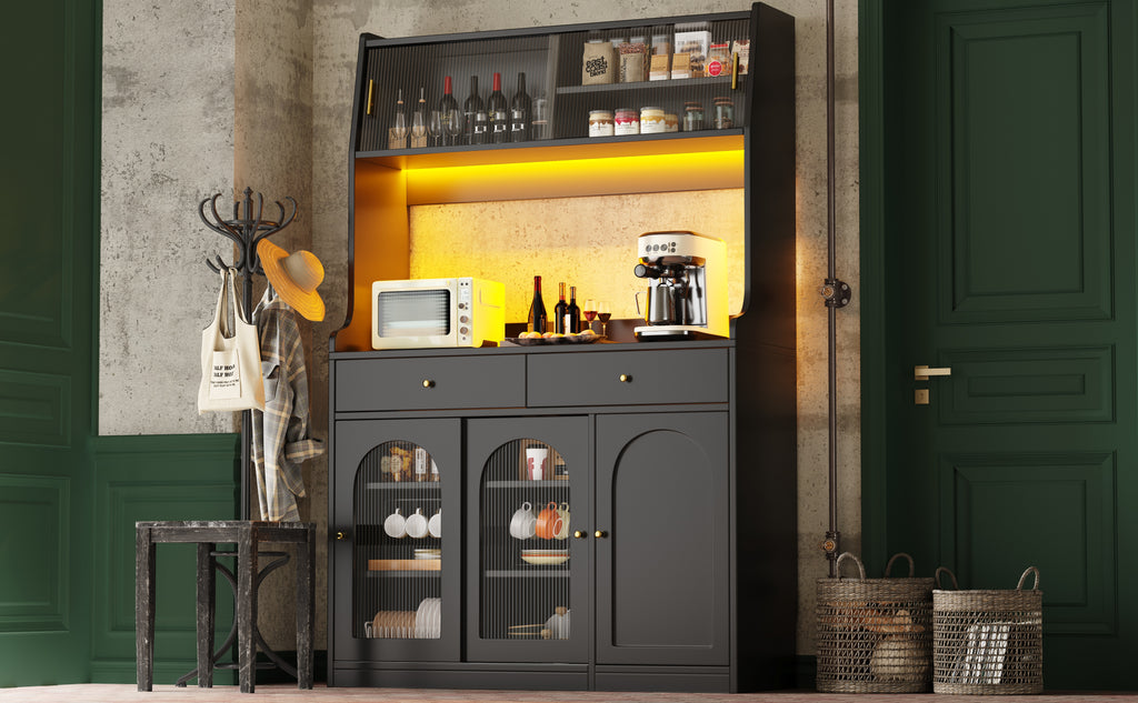 Kitchen Cabinet(120*40*180cm), Tall Cabinet, Display Cabinet, Buffet Cabinet with Adjustable Shelves, Dining Room Cabinet with 2 Drawers, Sideboard with LED Lighting, Variable Light Colors, Black