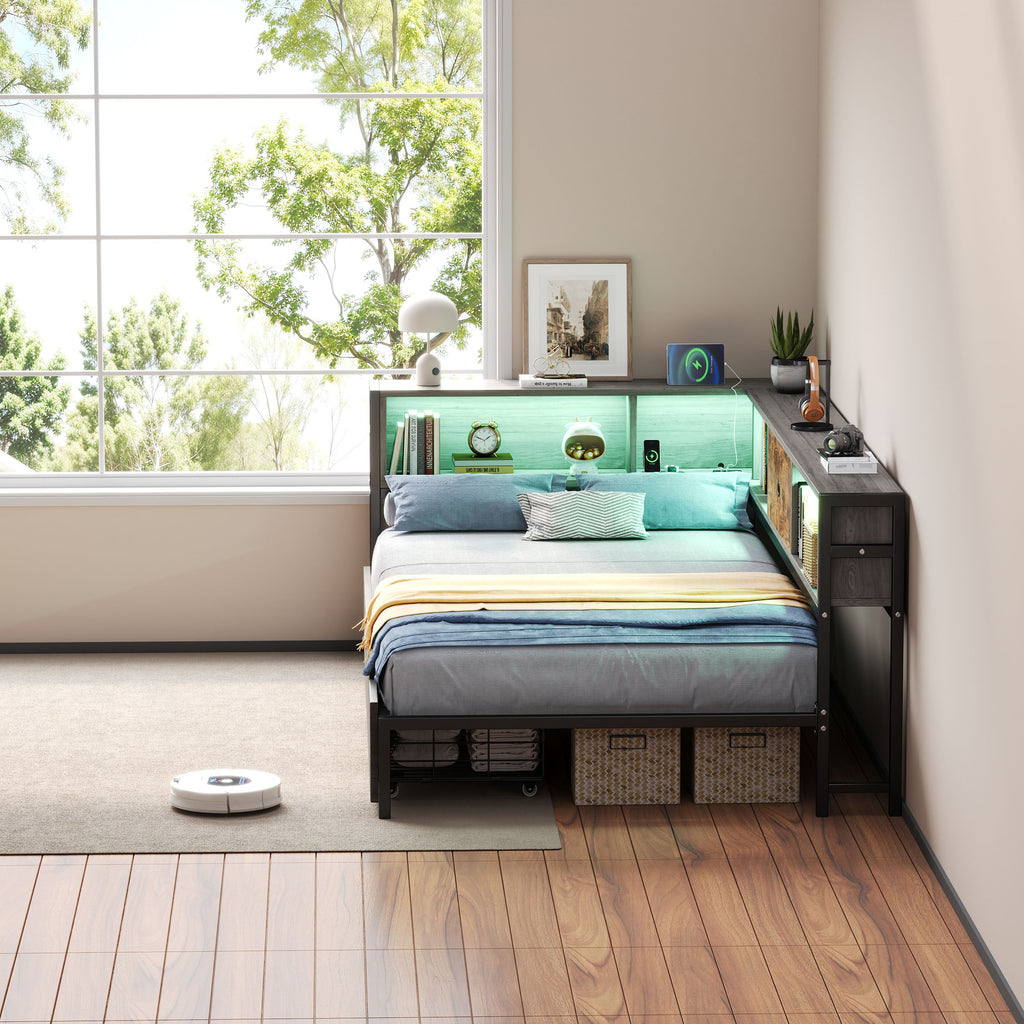 3ft Single Metal and Wood Bed with RGB LED Lights & Charging Station (USB & Type-C), Built-in Shelves and Bedside Storage, Two Storage Drawers, Two Assembly Methods, Grey, Rustic Brown (No Mattress)