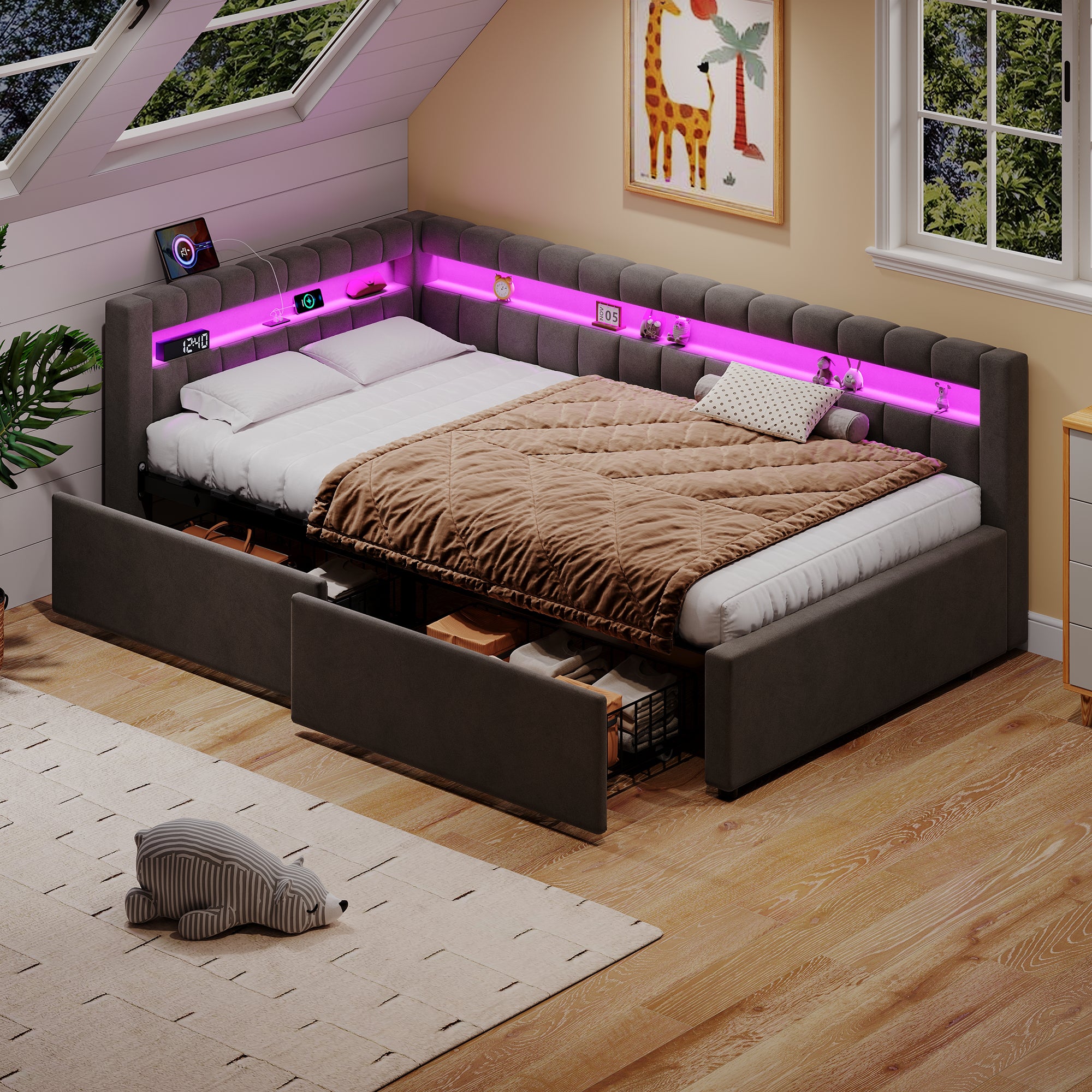 3ft Single Daybed with Two Storage Drawers, LED Modern Channel Tufted Bed Frame with Charging Station, Velvet Sofa Bed for Living Room/ Bedroom/ Study Room, 90X190cm, Easy Assembly, Grey(No Mattress)