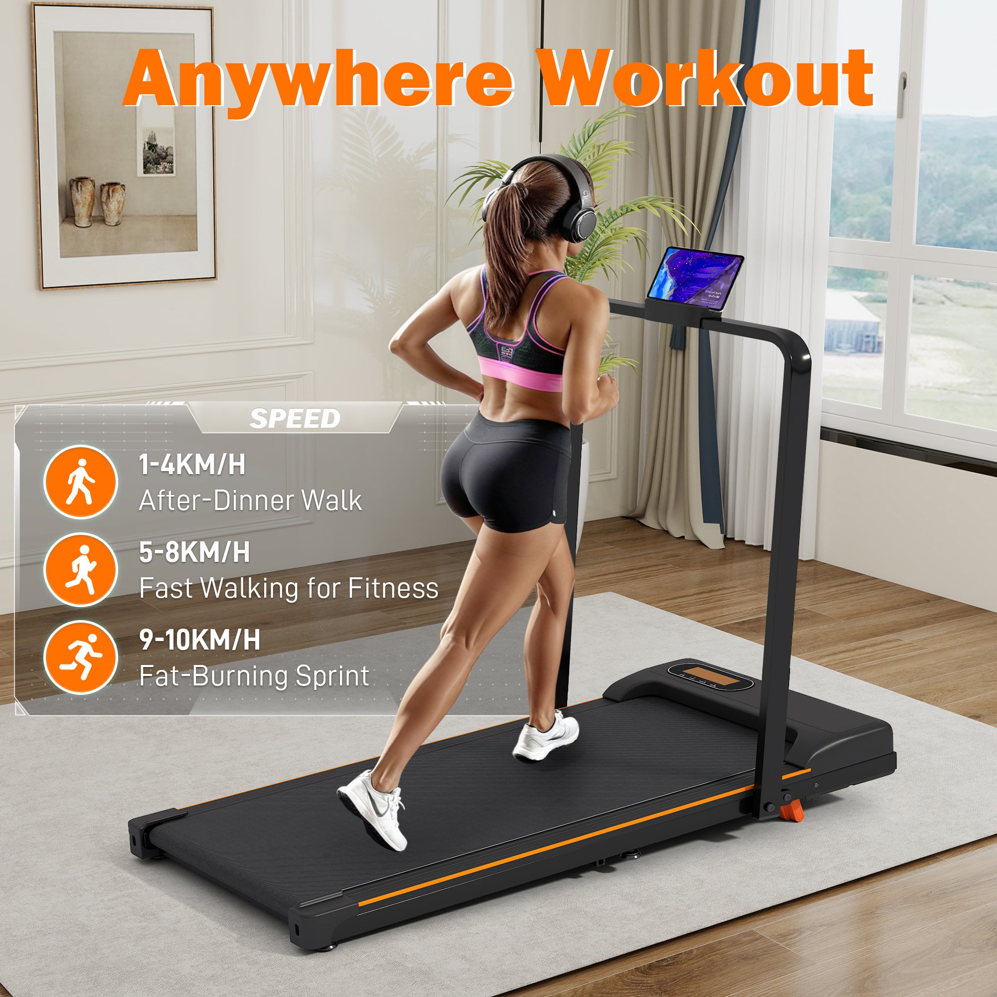Folding Treadmill with Handrail & Adjustable Incline, 1-10 km/h Running Machine, Space Saving Low Noise Design, LED Display, Phone Holder, Remote Control, Transport Wheels & Plug, Black.