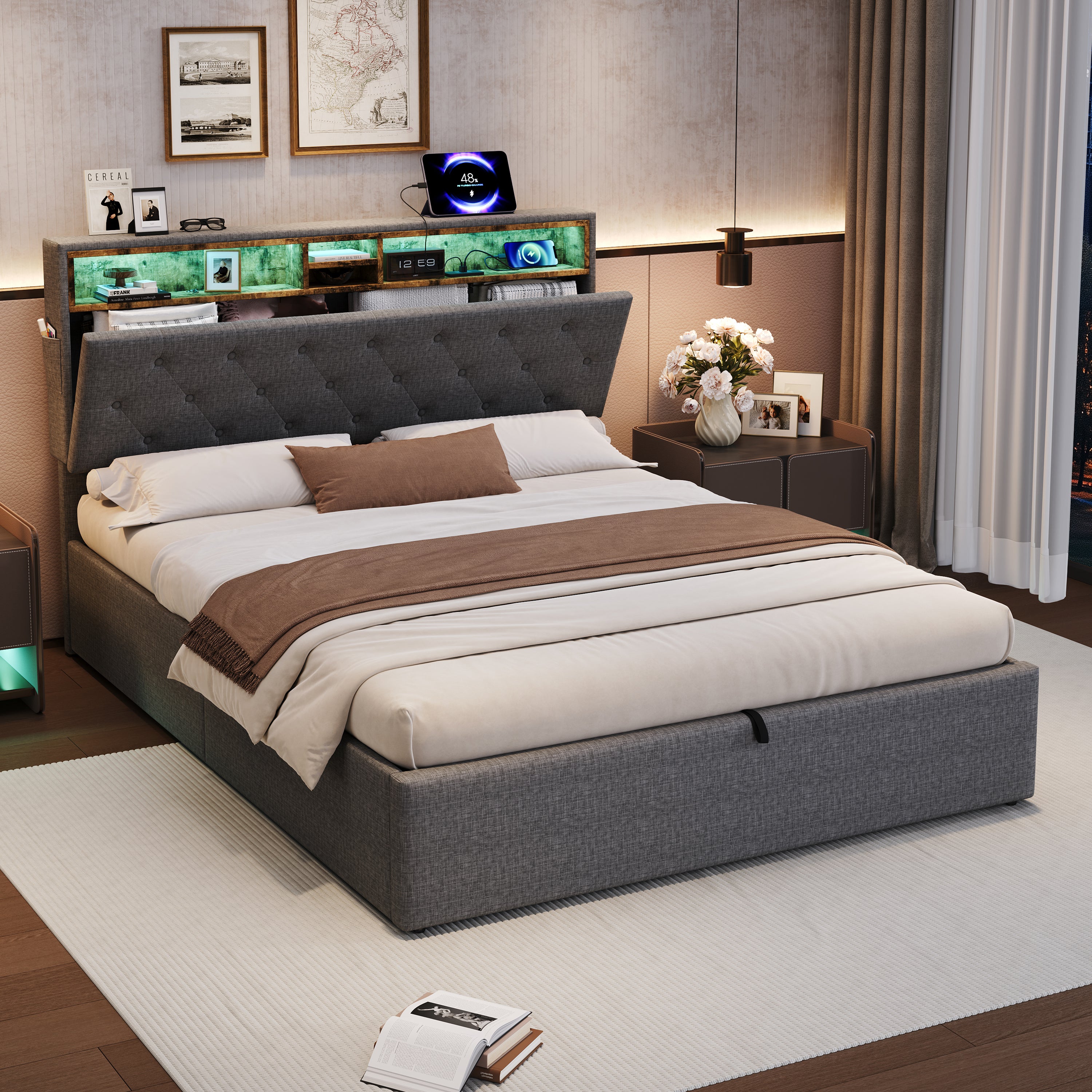 5ft King Upholstered Hydraulic Bed with Concealed Headboard Storage, Button Tufted Headboard with RGB LED Lighting and Charging Station, USB and Type - C Ports, Linen, Grey (No Mattress)