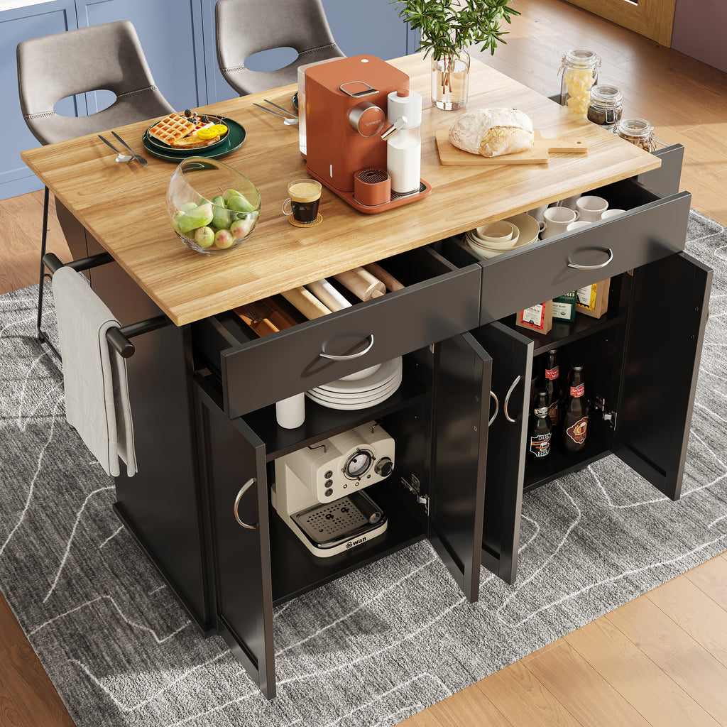Rolling Kitchen Island Storage Trolley with Large Cabinet, 2 Drawers, Adjustable Shelf, Spice&Towel Rack, Sideboard Cupboard Cabinet Cart, Dining Room Organiser, Black