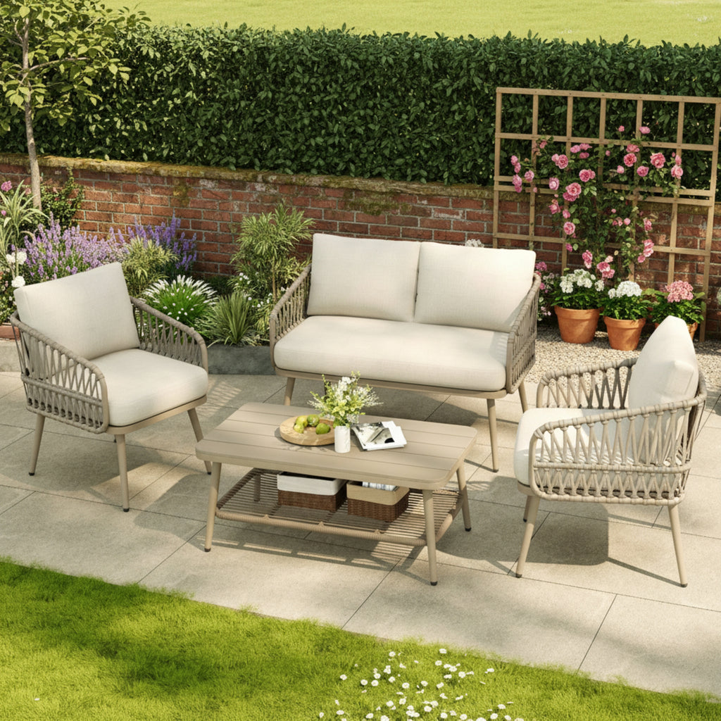 4 Seater Garden Set with Plastic Wood Storage Coffee Table, Polyester Rope Outdoor Set with Sofa and Armchairs, Weatherproof Outdoor Patio Sofa for Balcony and Terrace, Linen, Beige