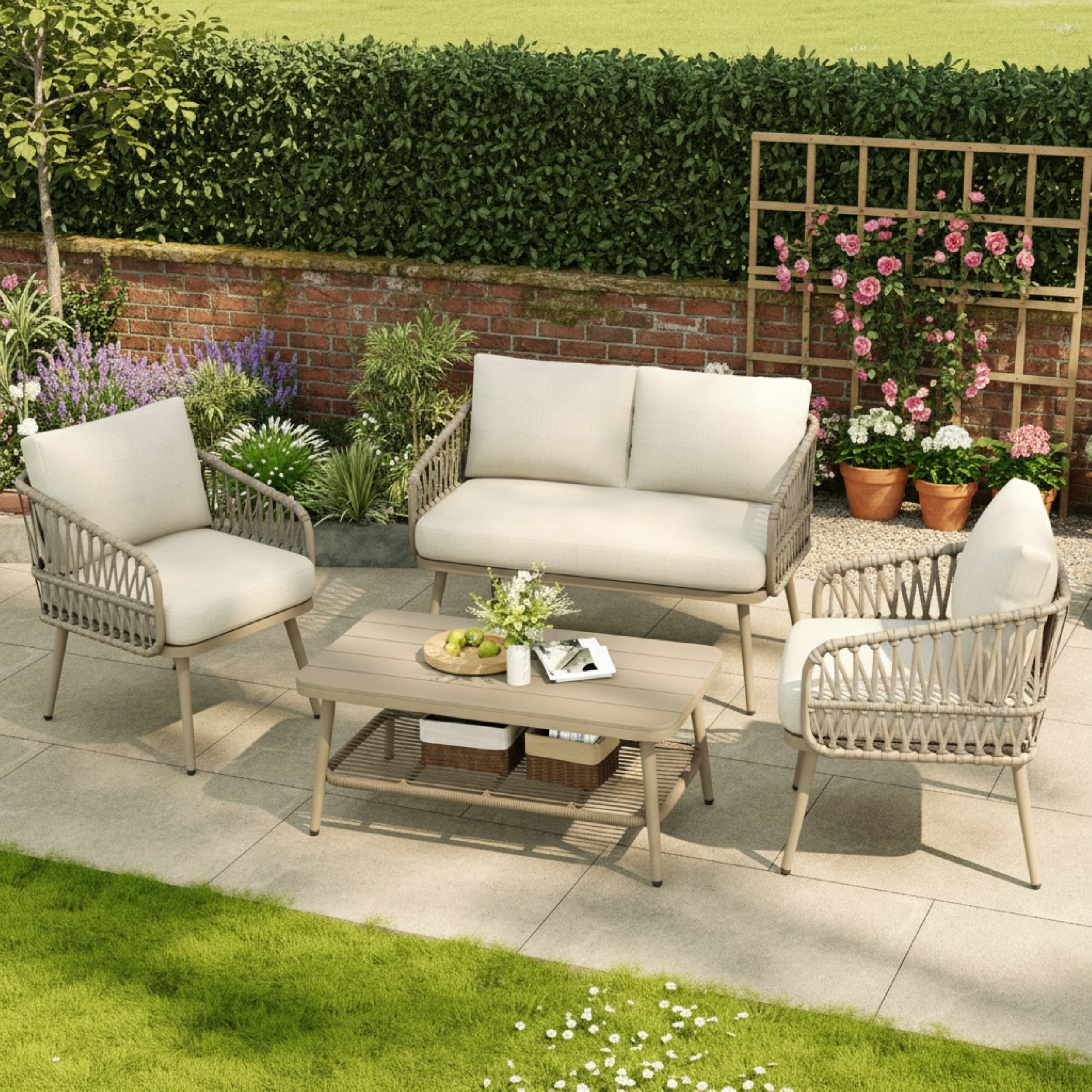 4 Seater Garden Set with Plastic Wood Storage Coffee Table, Polyester Rope Outdoor Set with Sofa and Armchairs, Weatherproof Outdoor Patio Sofa for Balcony and Terrace, Linen, Beige