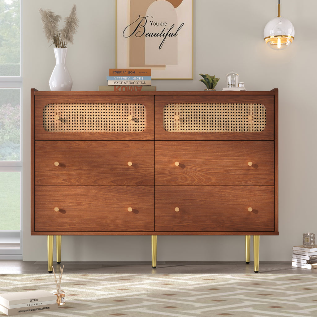 Rattan Sideboard Cabinet for Living Room, Chest of Drawers with 6 drawers, Walnut -40D x 120W x 90H centimetres