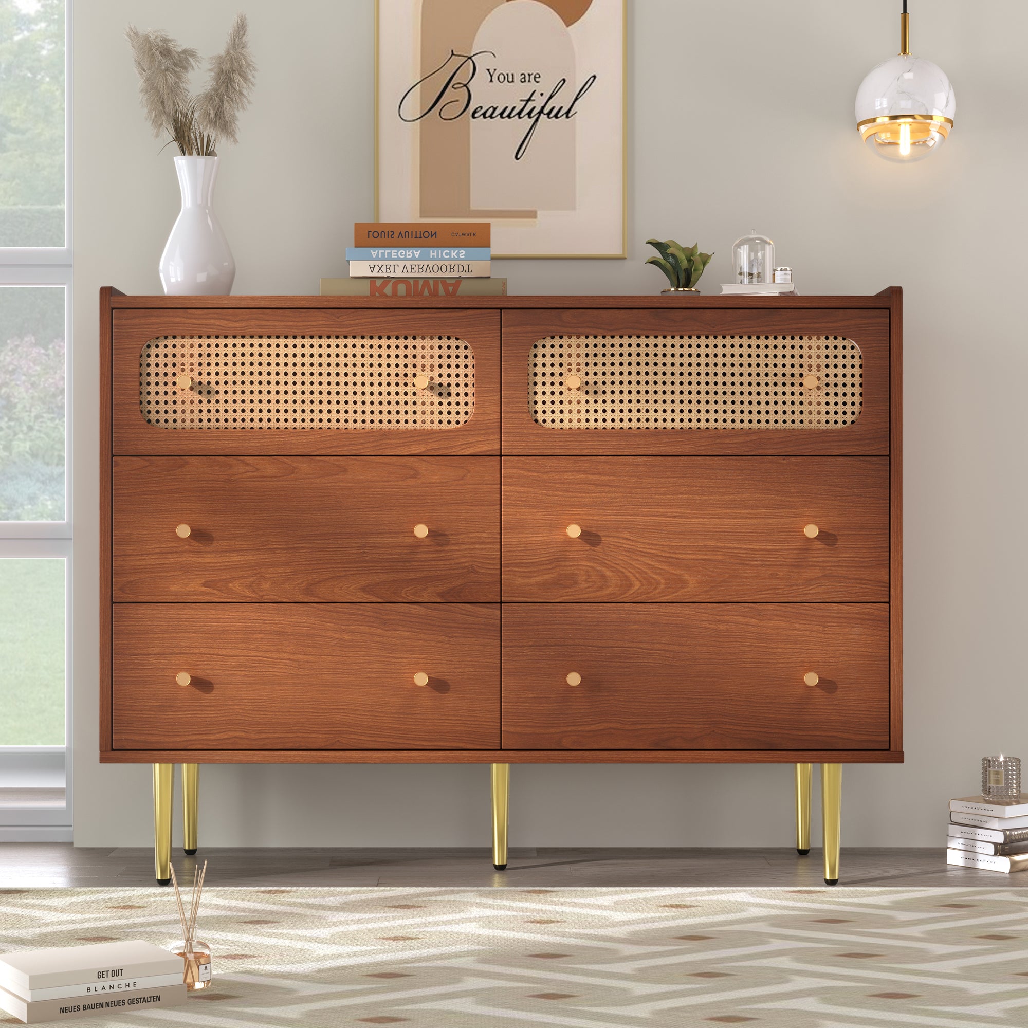 (=835758AAT) Rattan Sideboard Cabinet for Living Room, Chest of Drawers with 6 drawers, Walnut - 40D x 120W x 90H cm