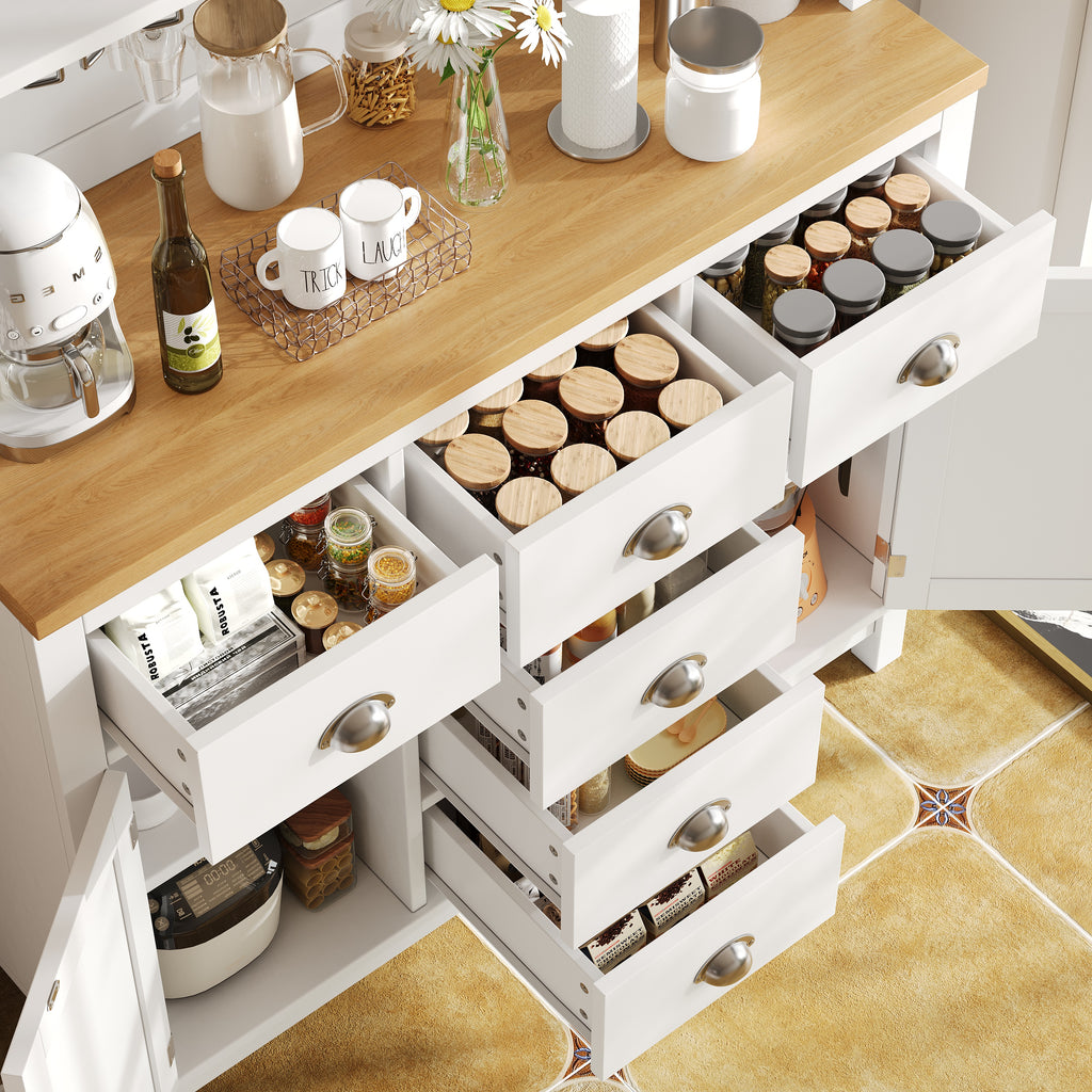 Sideboard / Storage Cabinet / Kitchen Cabinet / Buffet Cabinet, 104x40x180cm, Farmhouse Style, 5 Doors, with LED Light Strip & Drink Holders, Green/White
