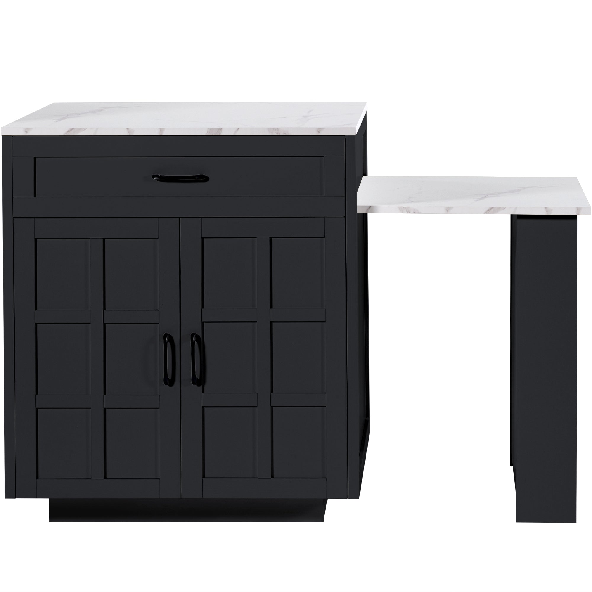 Extendable Bar Table with Storage (133–202 × 70 × 93.5 cm), with Two Drawers and Four Compartments, Expandable Kitchen Island Table for 2–6 People, Kitchen Dining Cart with Side Shelves, Black.