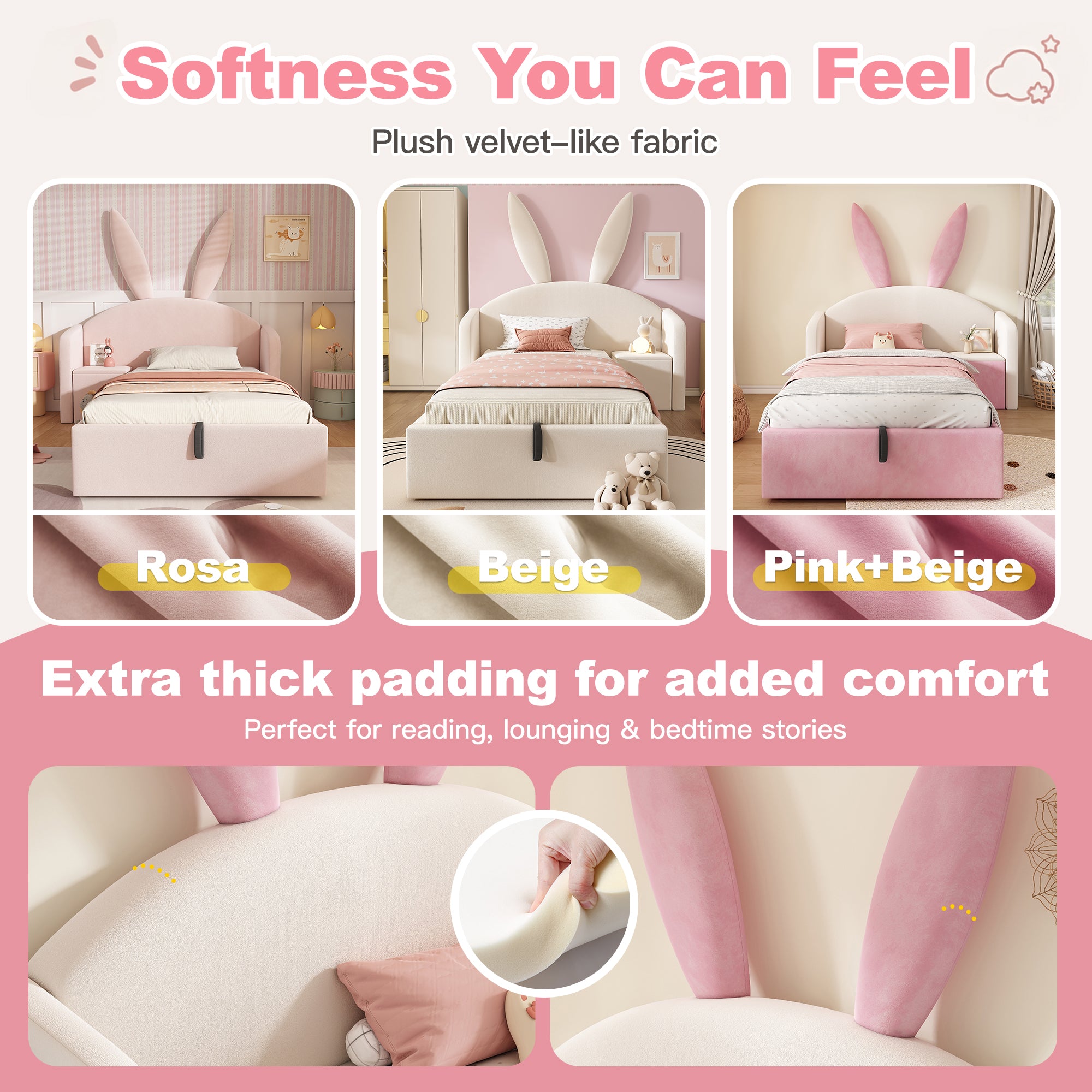 Bunny Ears Kids Bed, Single Upholstered Bed with Hydraulic Storage & Nightstand, Children Bed Frame for Girls Bedroom, 90 x 190 cm, Beige & Pink, No Mattress
