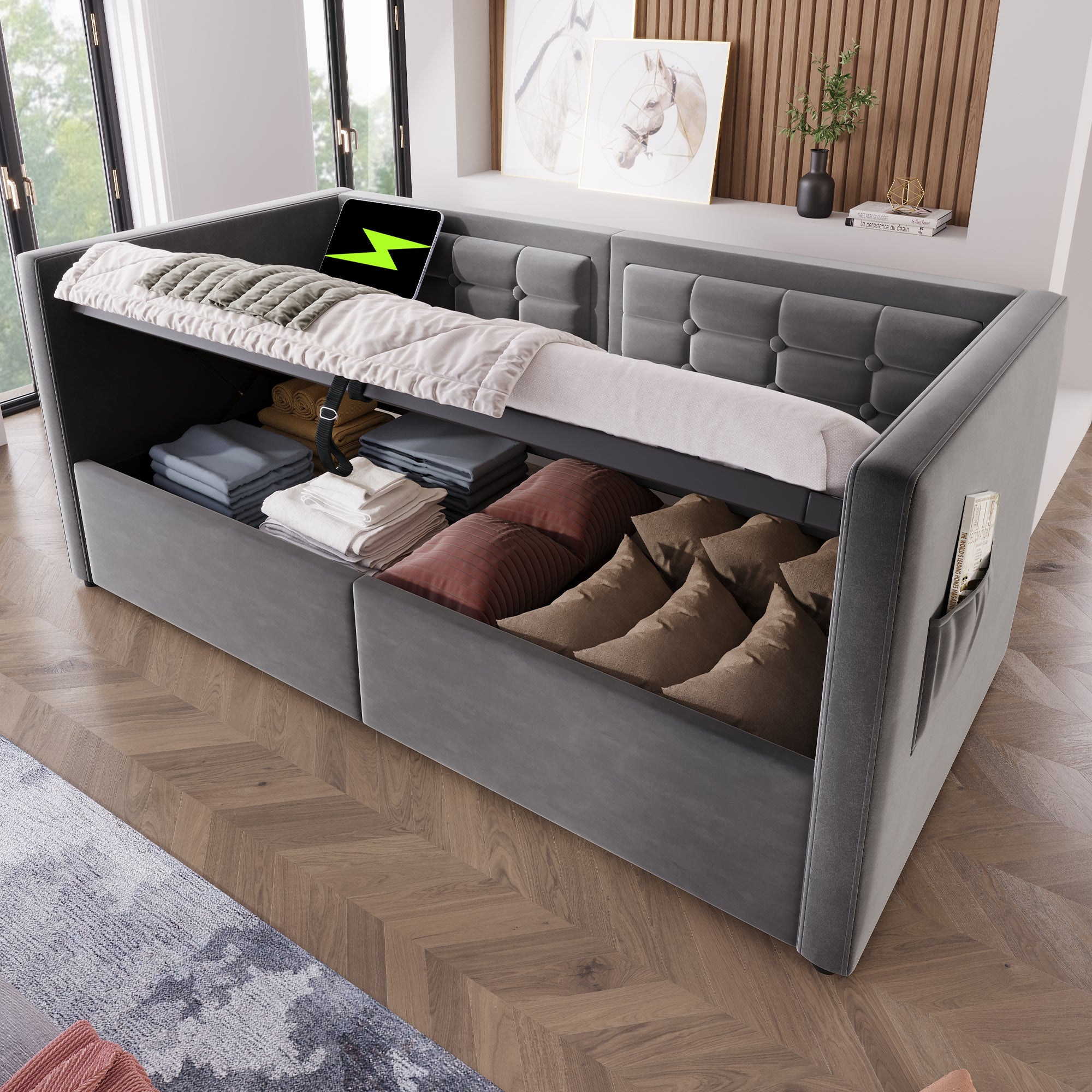 Daybed Upholstered Bed 90 x 190 cm, 3FT Single Sofa Bed with USB &Type-C Charging Station,  Hydraulic Storage Bed for Living Room and Bedroom, Velvet, Grey (No Mattress)