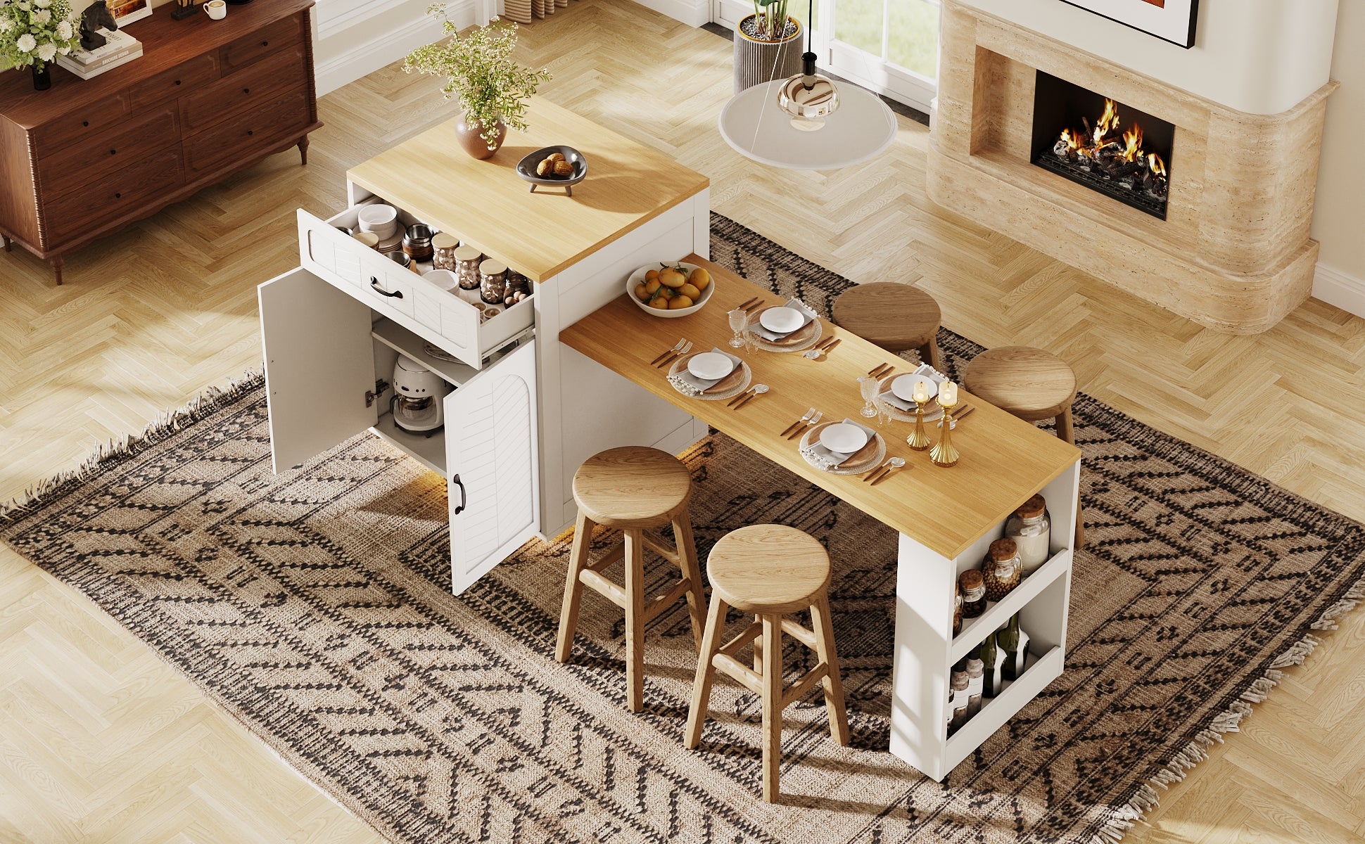 Extendable Kitchen Island with Dining Table, Multifunctional Storage Cabinet with Drawers, Doors, Wine Rack & LED Light, for Kitchen & Dining Room