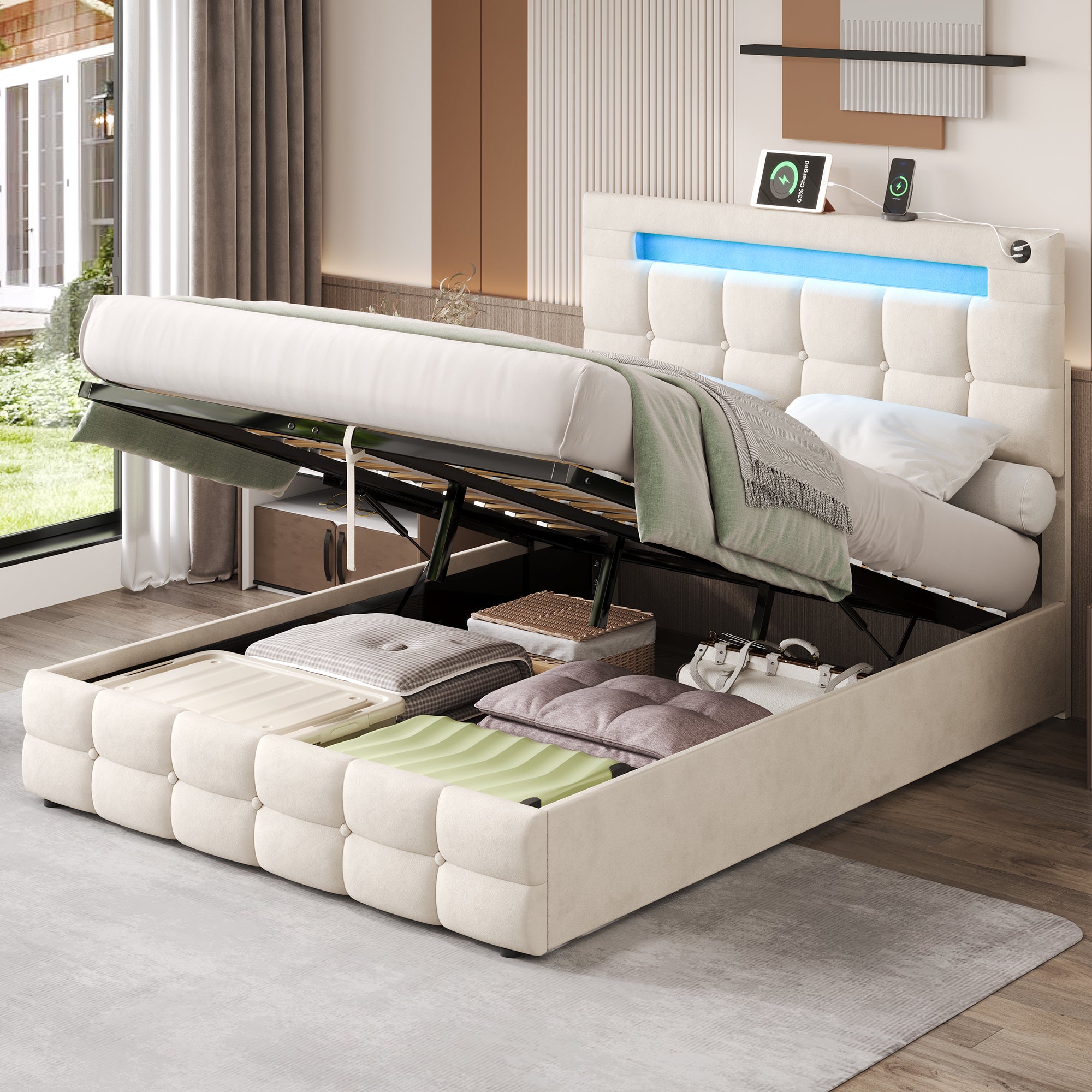 4ft6 Double Upholstered Bed Frame with Hydraulic Storage, Velvet Ottoman Bed with LED Lighting and Charging Station,  Double Bed with Adjustable Button Tufted Headboard, Beige (No Mattress)