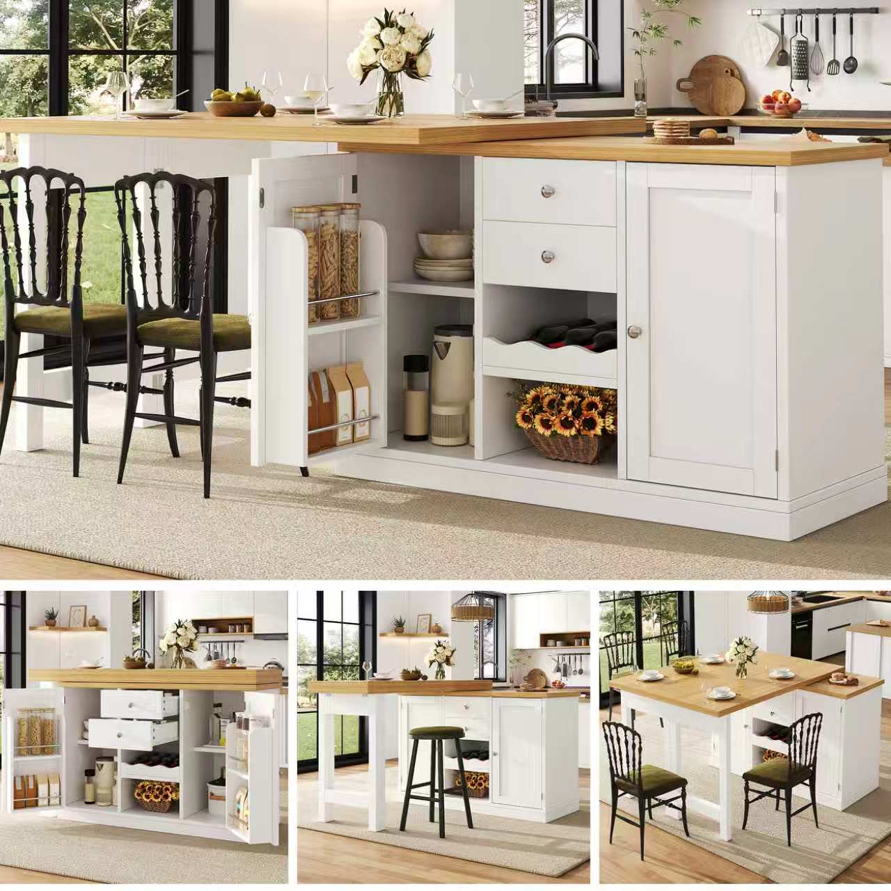 Extendable Sideboard & Dining Table Combo, 2 Drawers & Snack rack, Space-Saving Sideboard for Small Flats, White/Black