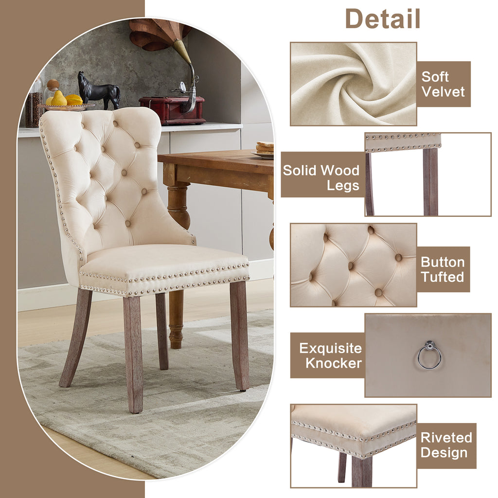 (Old SKU: PP311356AAW-6) Modern Set of 6 Upholstered Velvet Dining Chairs, Button Tufted Kitchen Lounge Chairs with Brushed Wood Legs, Riveted Trim and Knocker Ring, for Dining Room Living Room, Beige