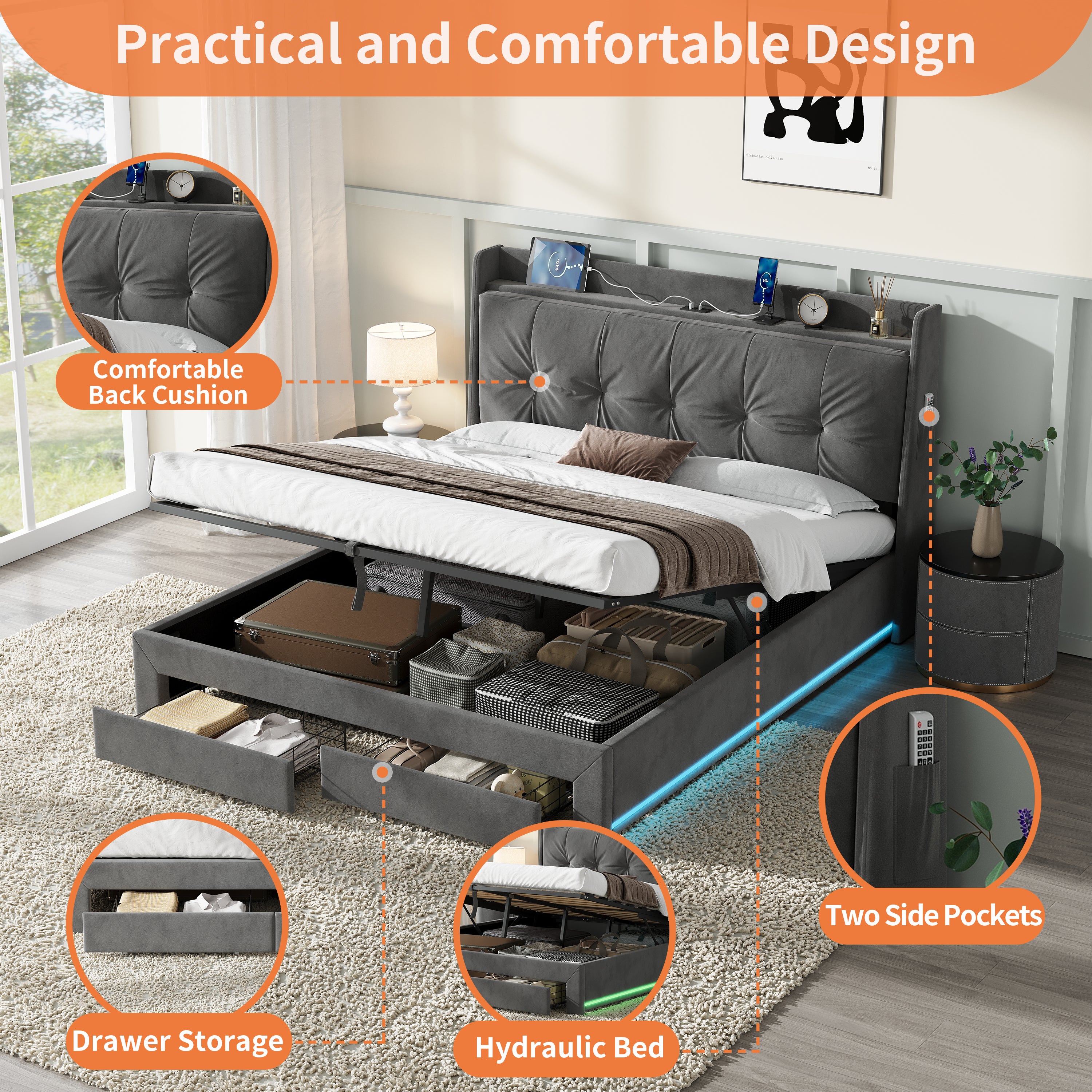 5ft King Upholstered Bed Frame with Hydraulic and Drawers Storage, Back Cushion Headboard with Charging Station,  Velvet Ottoman Hydraulic Bed with RGB LED Lighting, Grey (No Mattress)