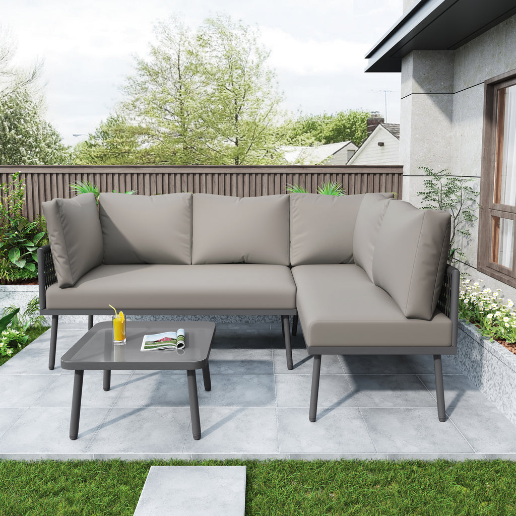 Outdoor Patio&Backyard Furniture Garden Lounge Set for 4-5 people, Thick Quality Space Saving L-Shaped Corner Sofa with Glass Coffee Table, Grey