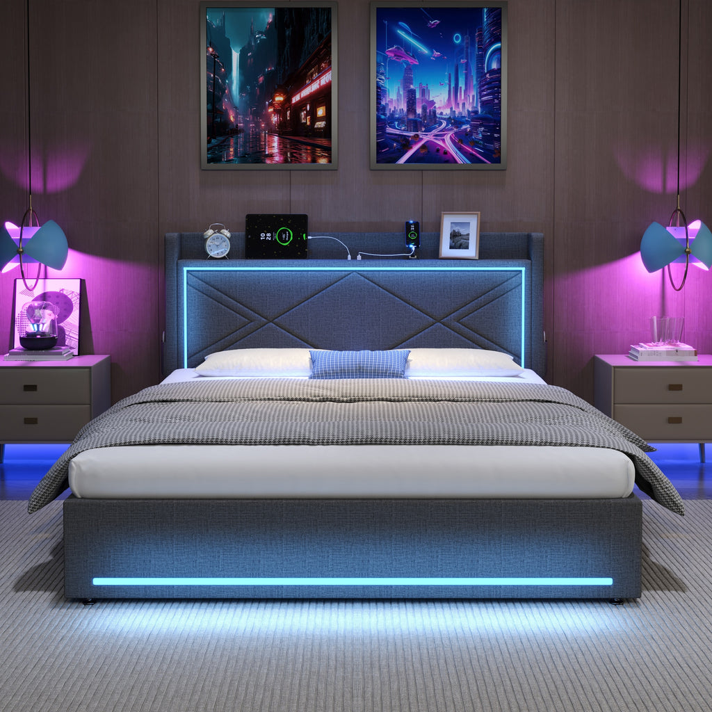 4ft6 Double Upholstered Bed Frame with Hydraulic Storage,  Linen Ottoman Bed with LED Lighting and Charging Station, USB and Type - C Ports, No Box Spring Needed, Grey (No Mattress)
