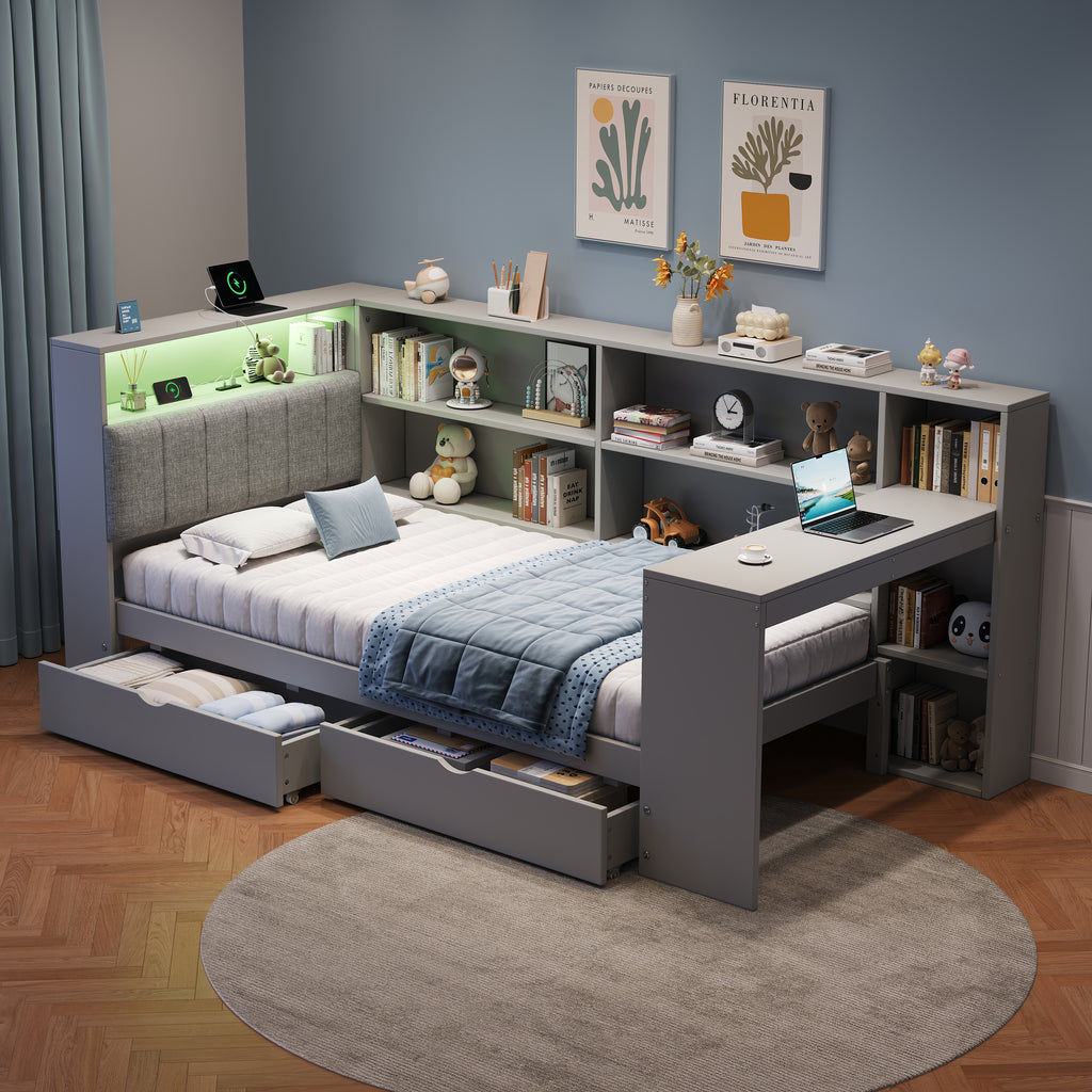 3ft Single L-Shape Daybed with Storage Drawers and Bookcase Storage, LED Linen Concealed Headboard Storage with Charging Station, Wood Bed for Living Room/ Bedroom/ Study Room, Grey (No Mattress)
