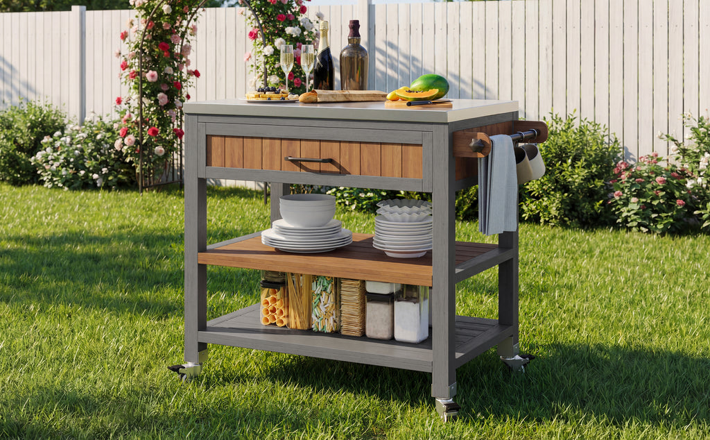 Garden cabinet with wheels and stainless steel worktop – Mobile tool cabinet with drawer and shelf, weatherproof sideboard with double shelf and towel rack, barbecue station for patio