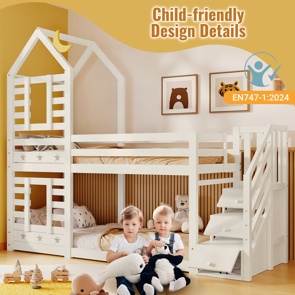 Bunk Bed Storage Children Cabin Bed Single Bed with Window for Kids, Twin Sleeper 190x90 cm, Solid Pine Wood,3FT -White(=SKU:TT30352678W)