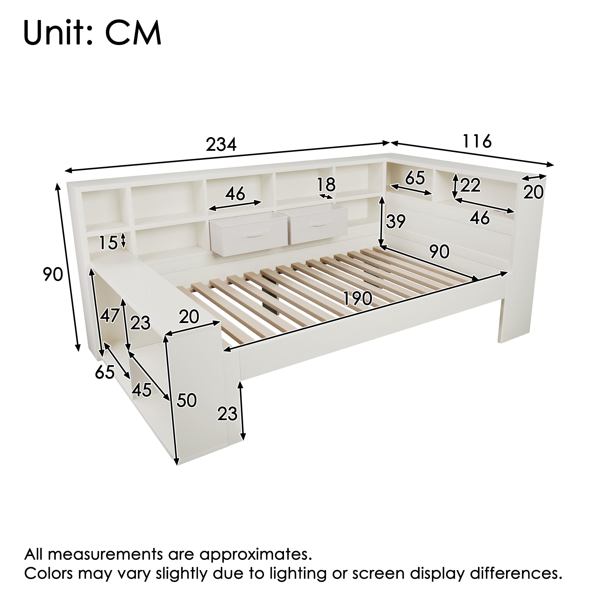 Single Daybed with Storage & USB Type-C Port, 3FT Platform Bed with Bookcase, 90 x 190 cm Multi-functional Wooden Bed Frame for Living Room/ Bedroom, White (No Mattress)