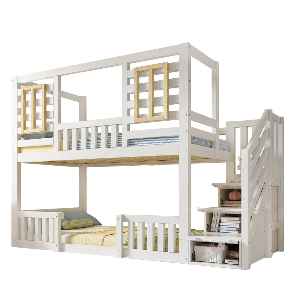 Bunk Beds for Kids, Wooden Cabin Bed with Staircase Storage, Multi-functional Tree-house Bed, Children's House Bed, Twin Sleeper (90+90) x 190 cm, Solid Wood, White